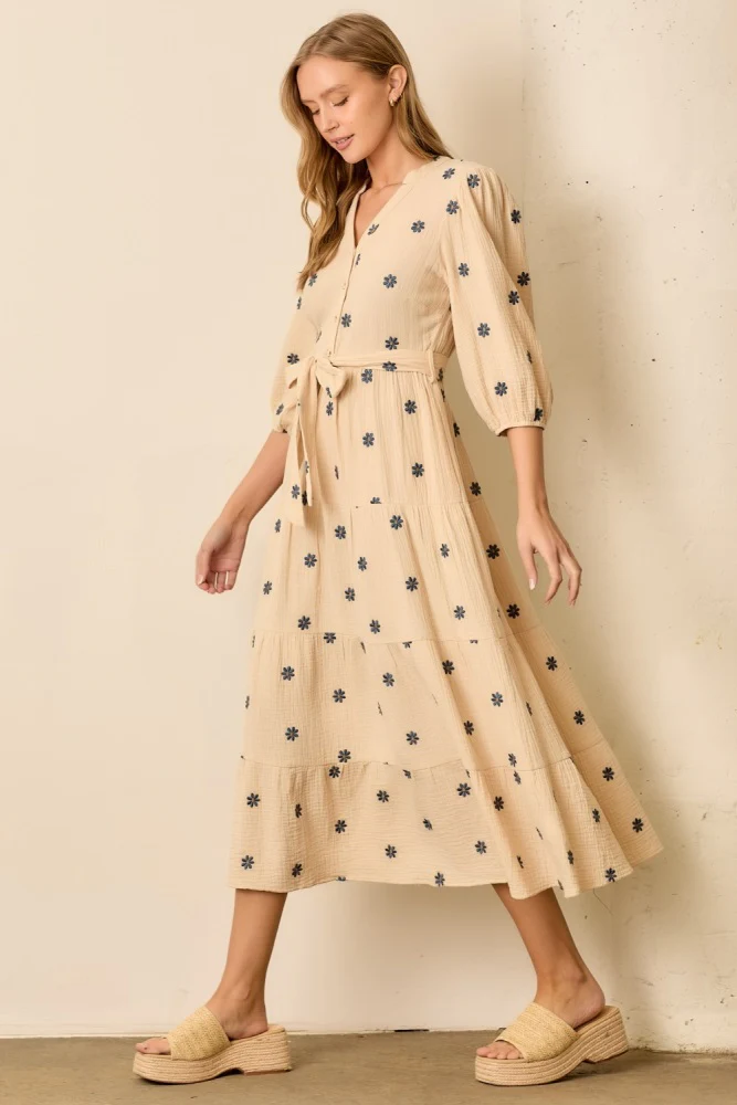 Cream Floral Cotton Gauze Tiered Midi Dress - Image 2