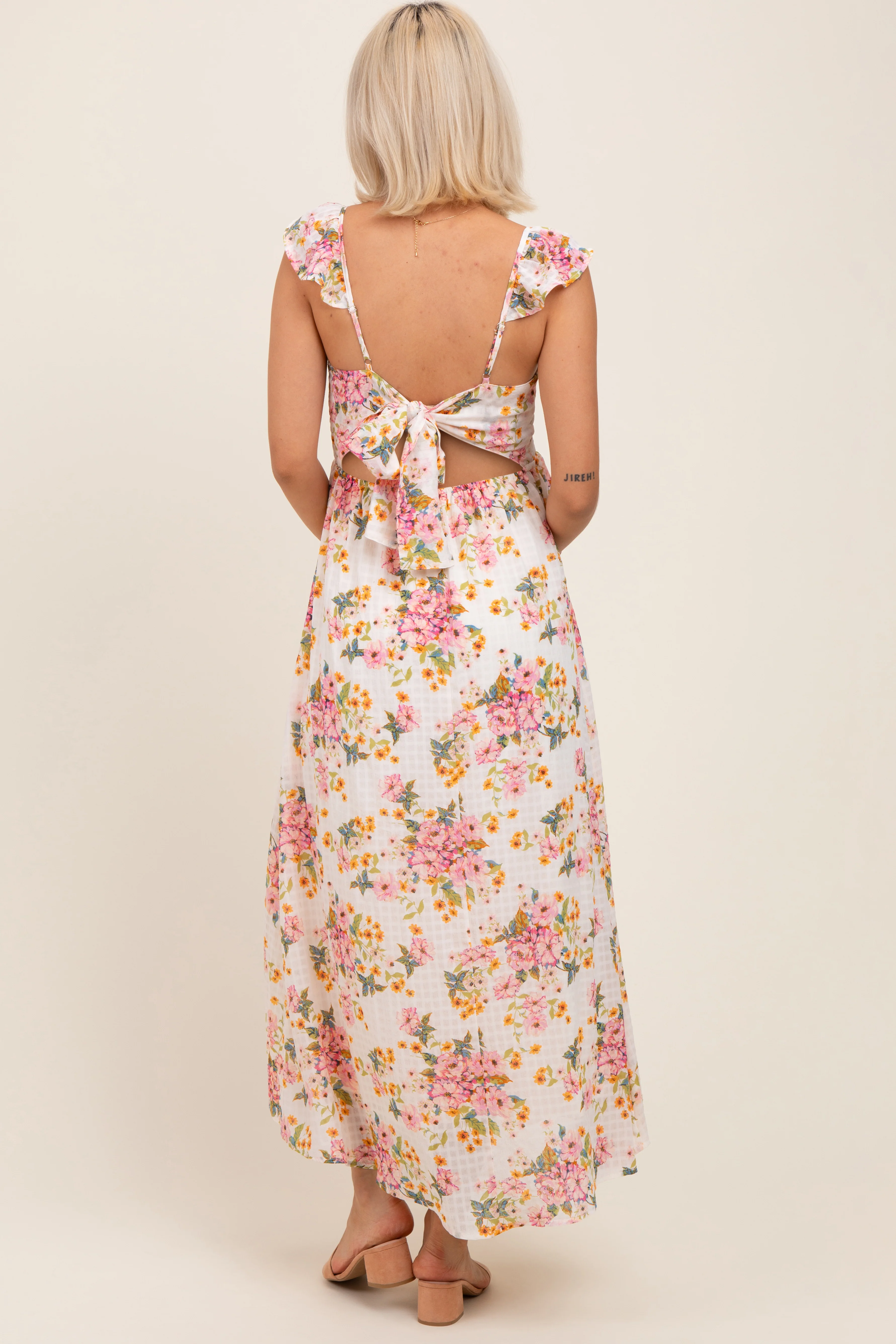 Cream Floral Cutout Tie Back Maternity Midi Dress - Image 3