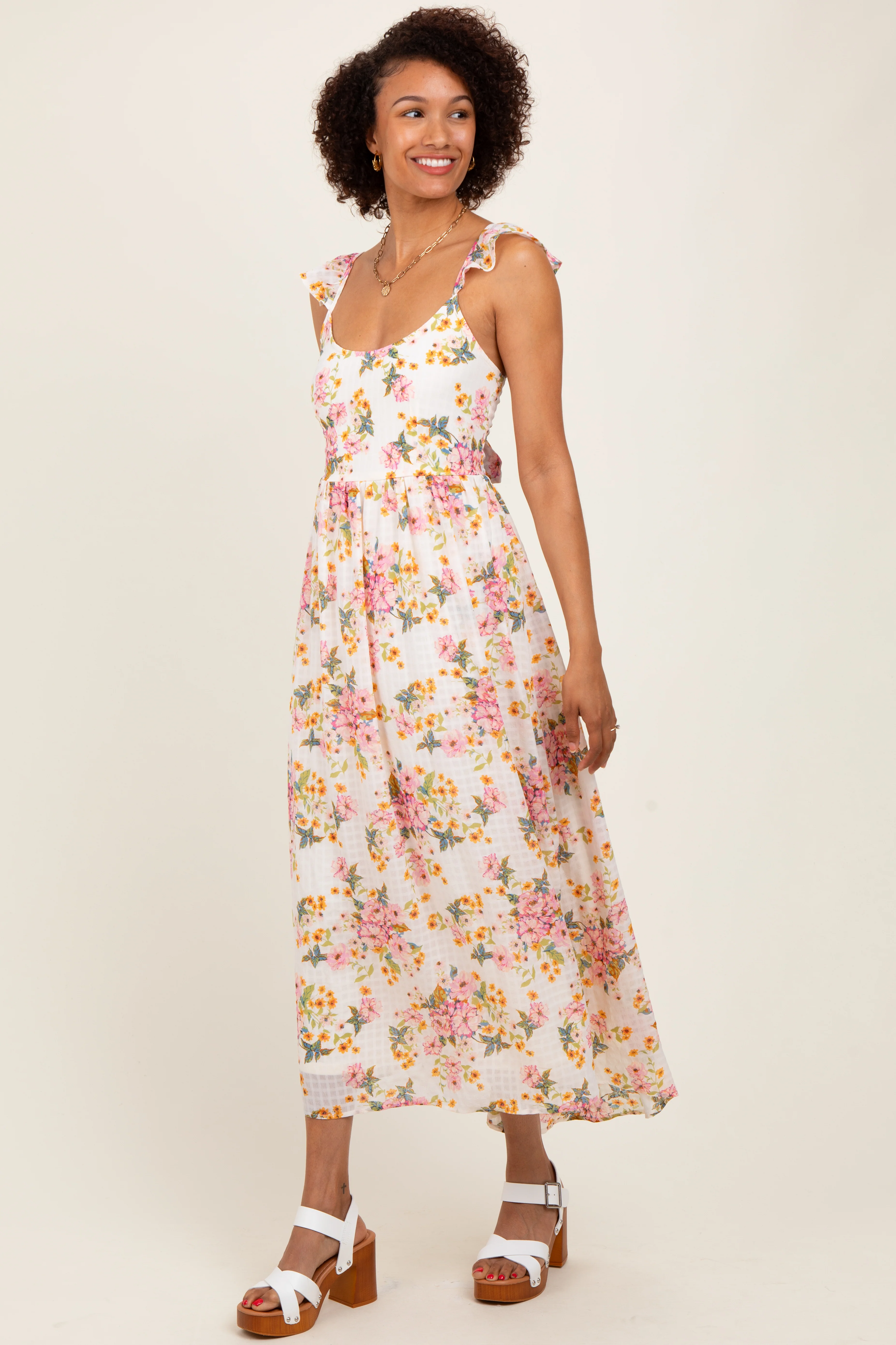 Cream Floral Cutout Tie Back Midi Dress - Image 2