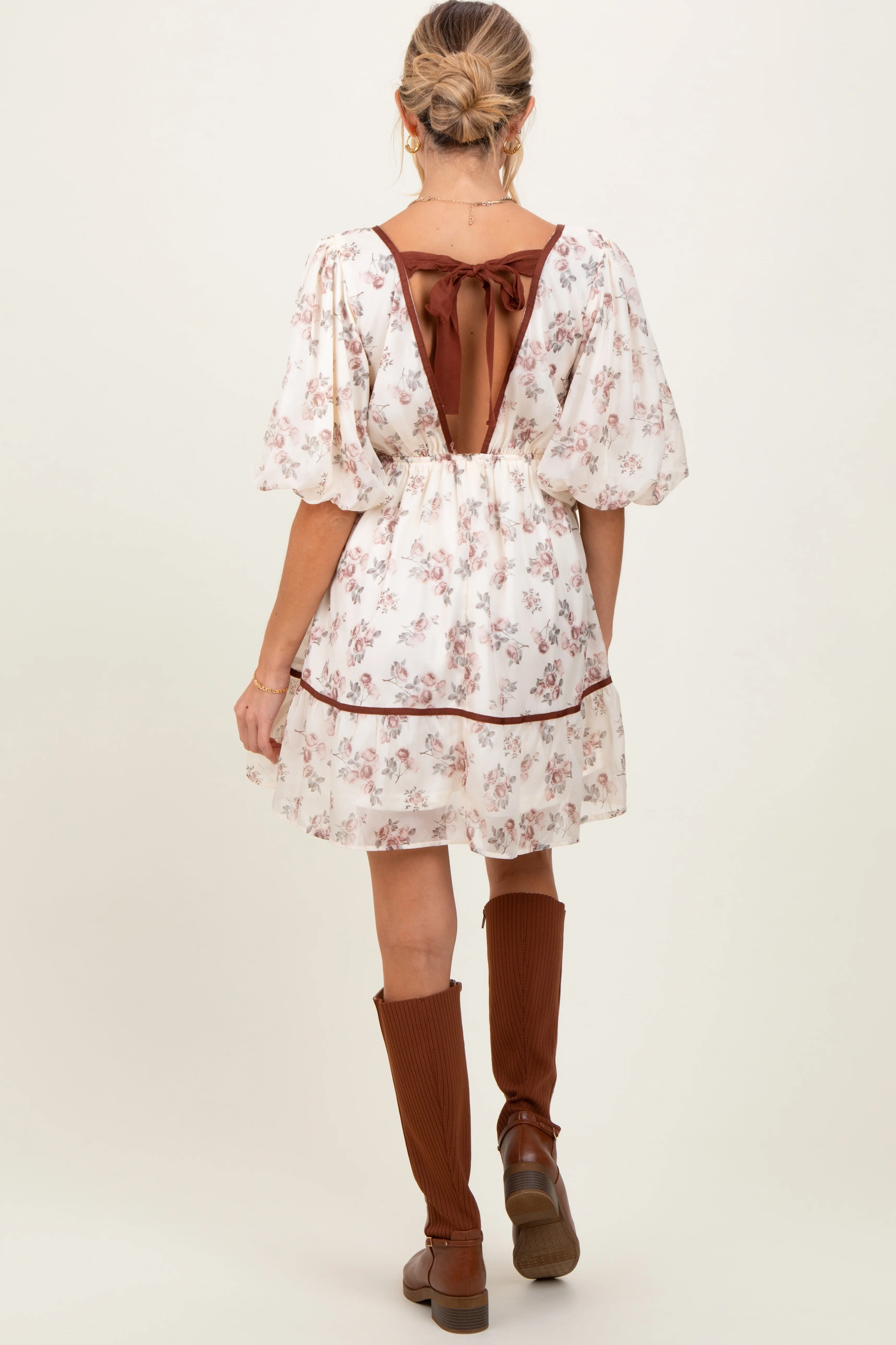 Cream Floral Deep V-Neck Back Cutout Maternity Dress - Image 6