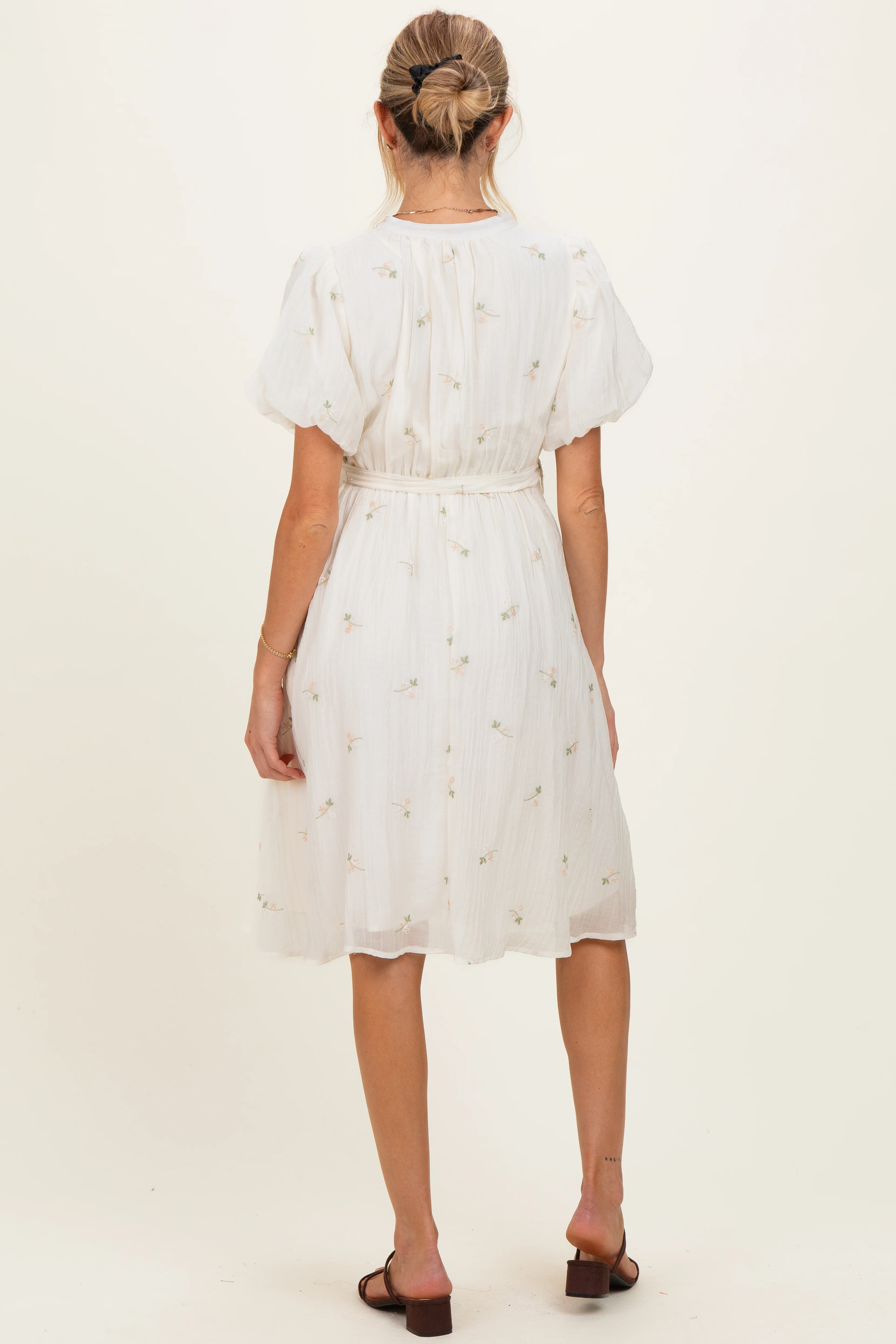 Cream Floral Embroidered Tie Waist Maternity Dress - Image 4