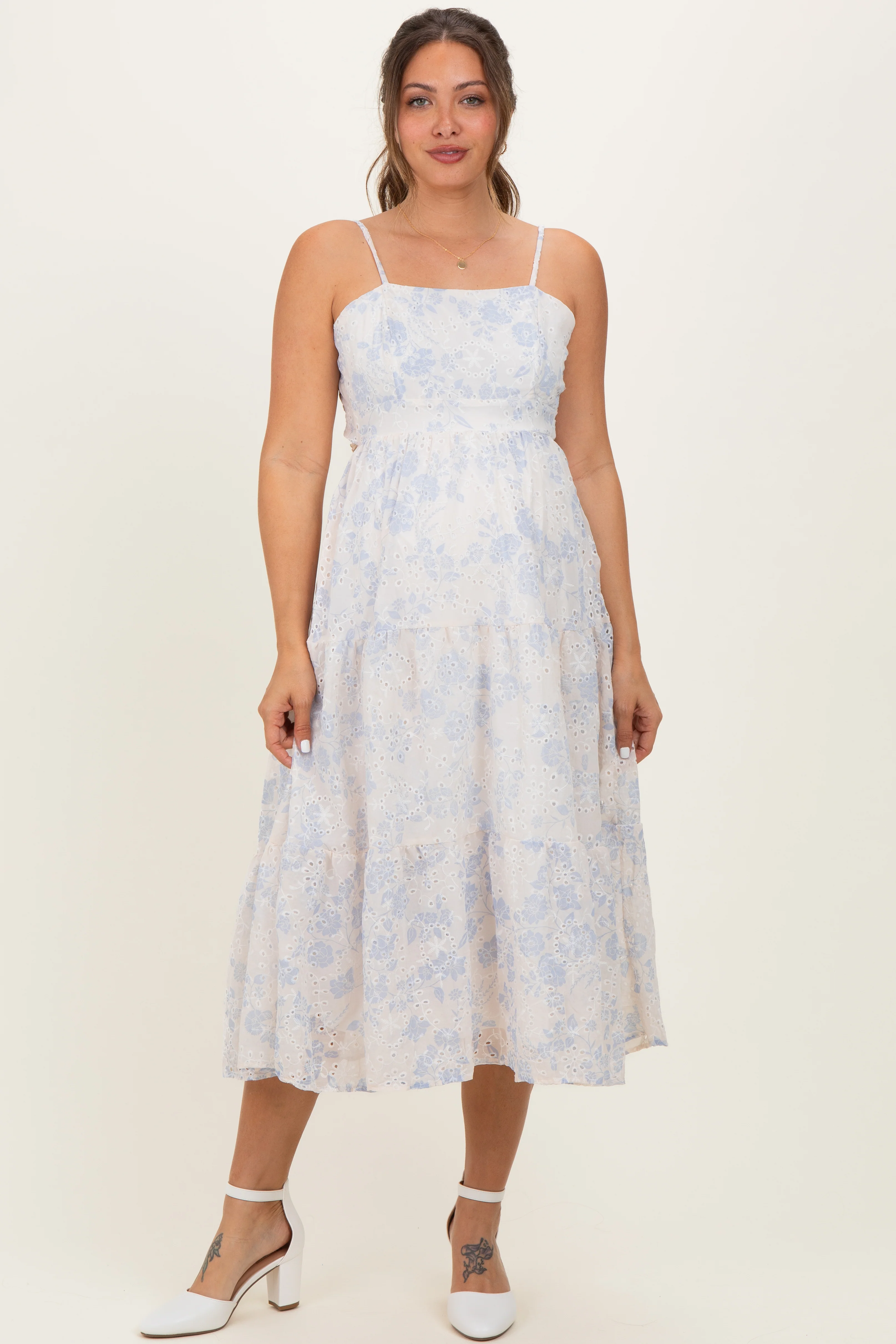 Cream Floral Eyelet Lace Tie Back Maternity Midi Dress