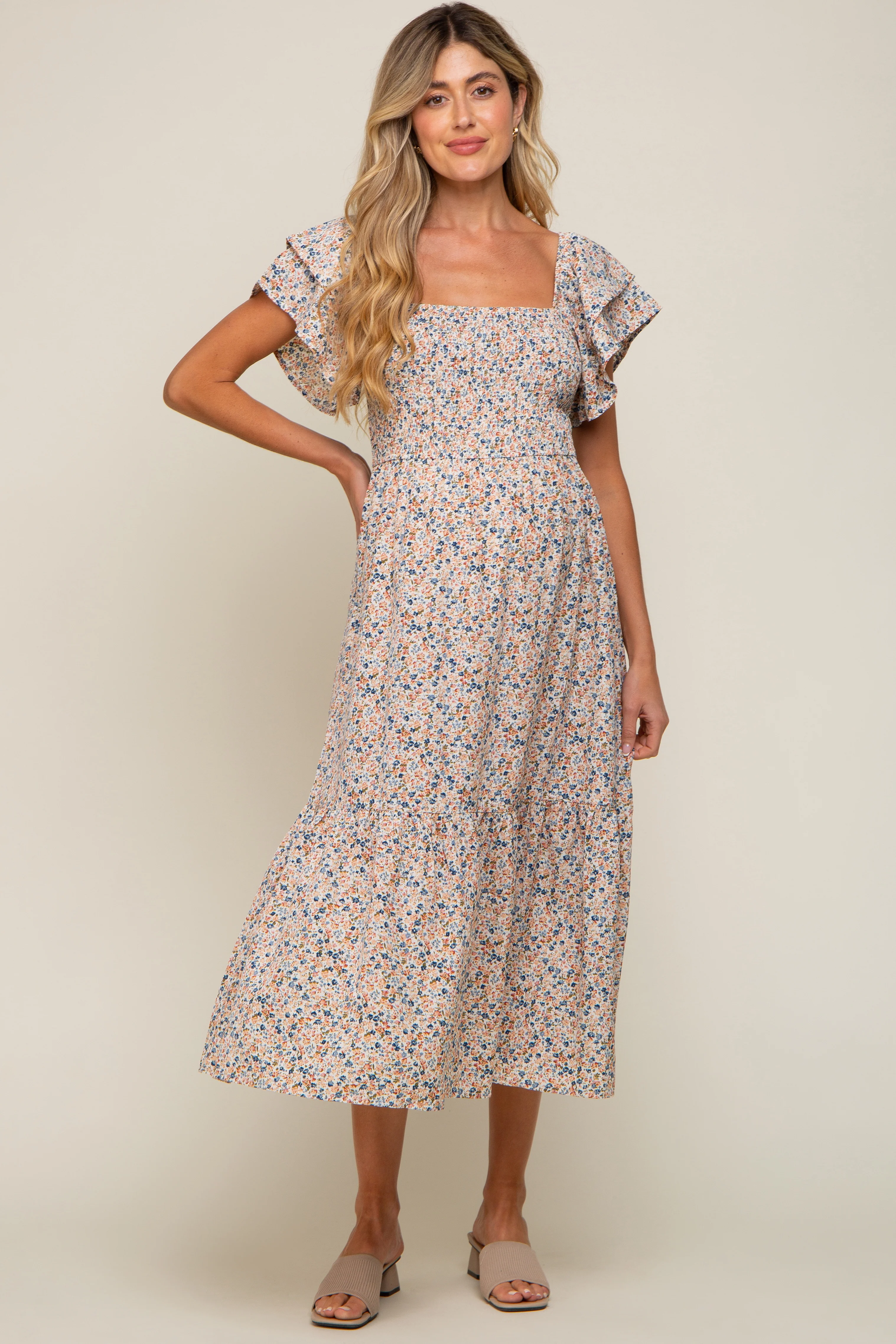 Cream Floral Flutter Maternity Midi Dress - Image 4