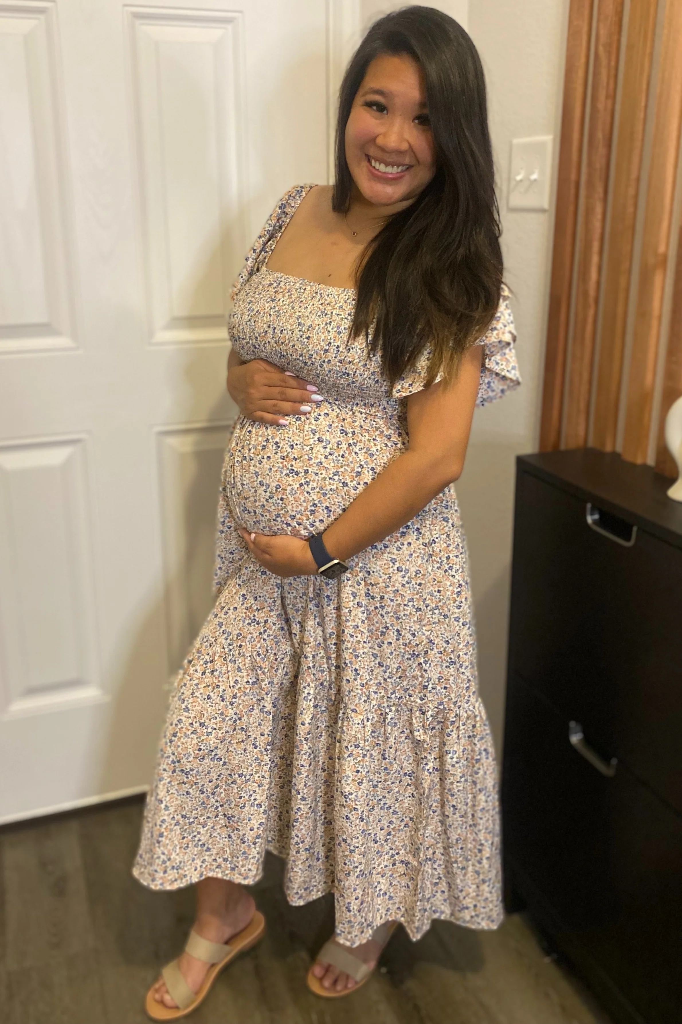 Cream Floral Flutter Maternity Midi Dress - Image 5