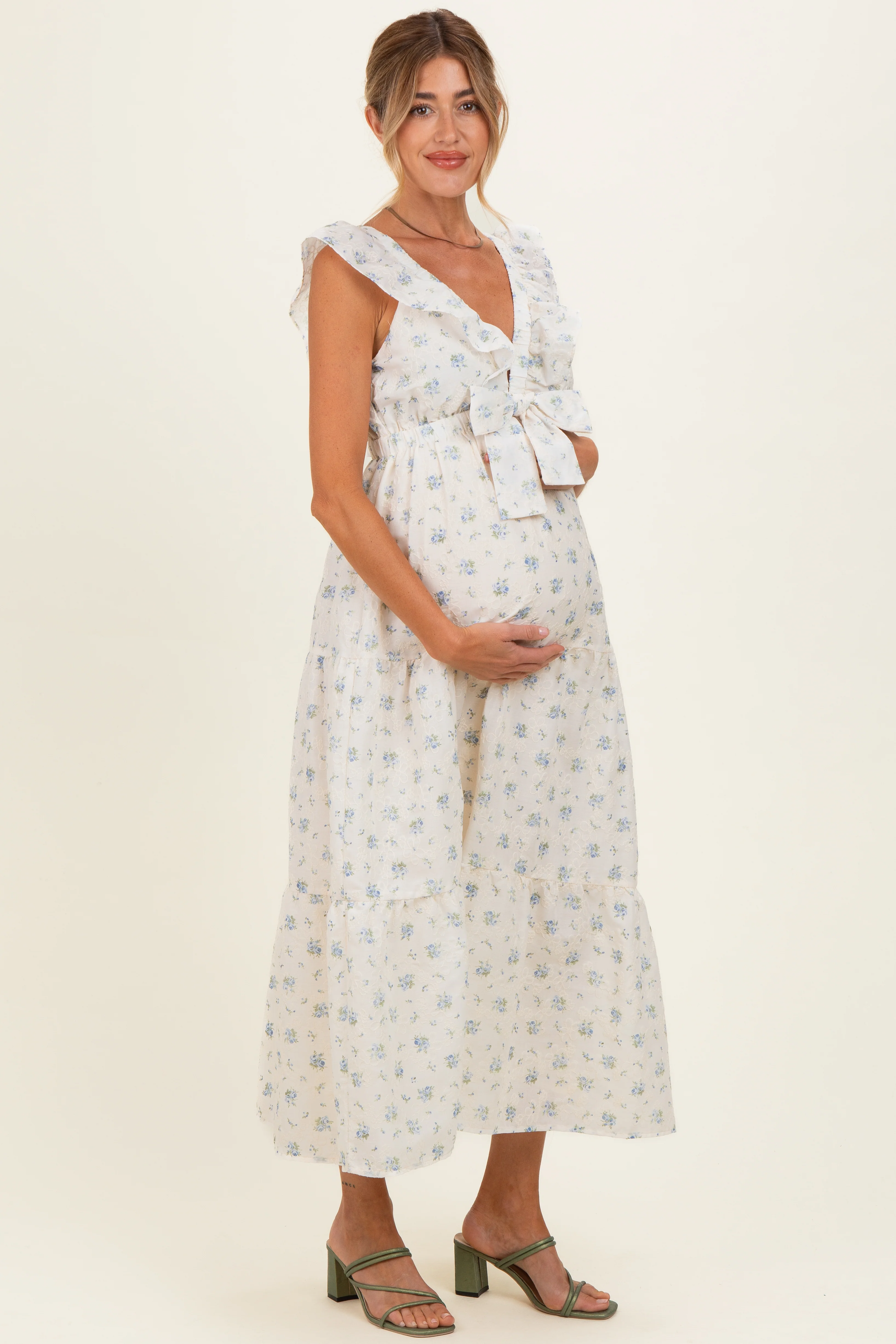 Cream Floral Front Bow Open Back Maternity Midi Dress - Image 2