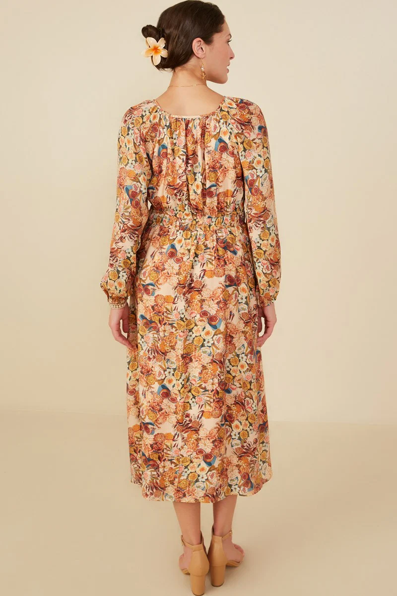 Cream Floral Fruit Smocked Waist Midi Dress - Image 2