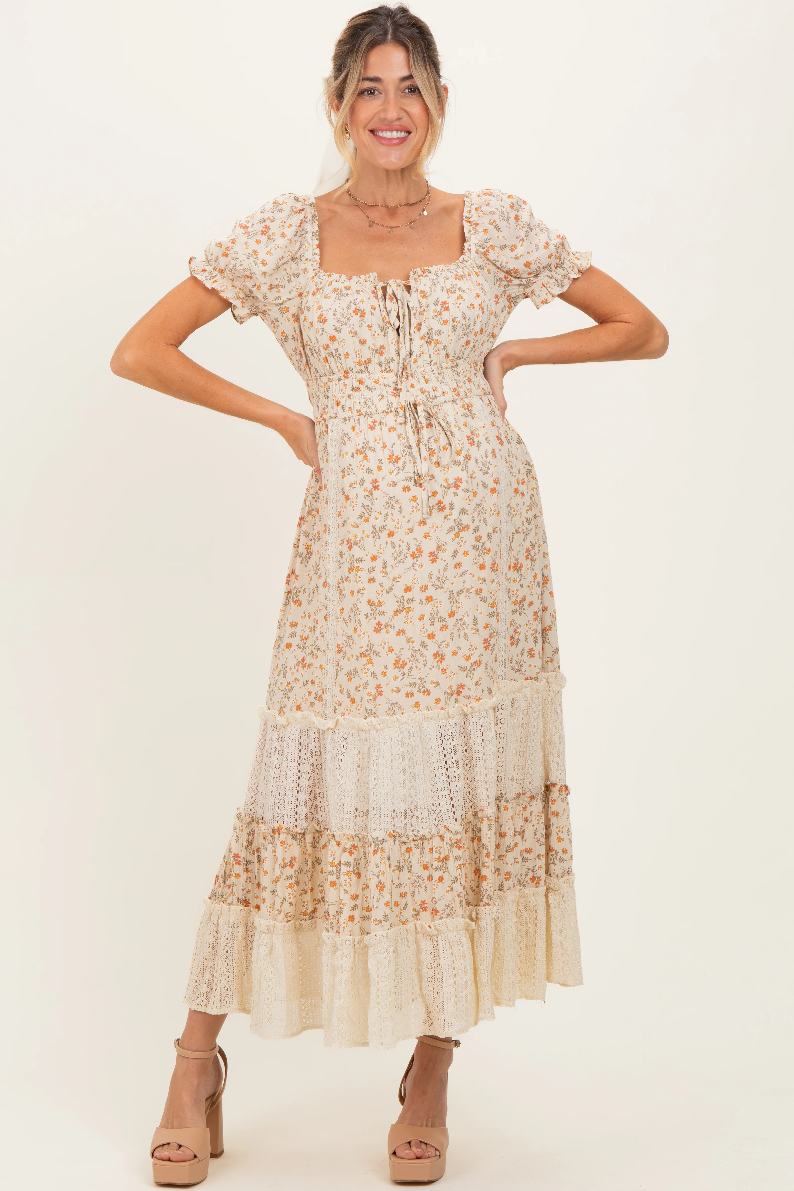 Cream Floral Lace Inset Puff Sleeve Maternity Maxi Dress - Image 2