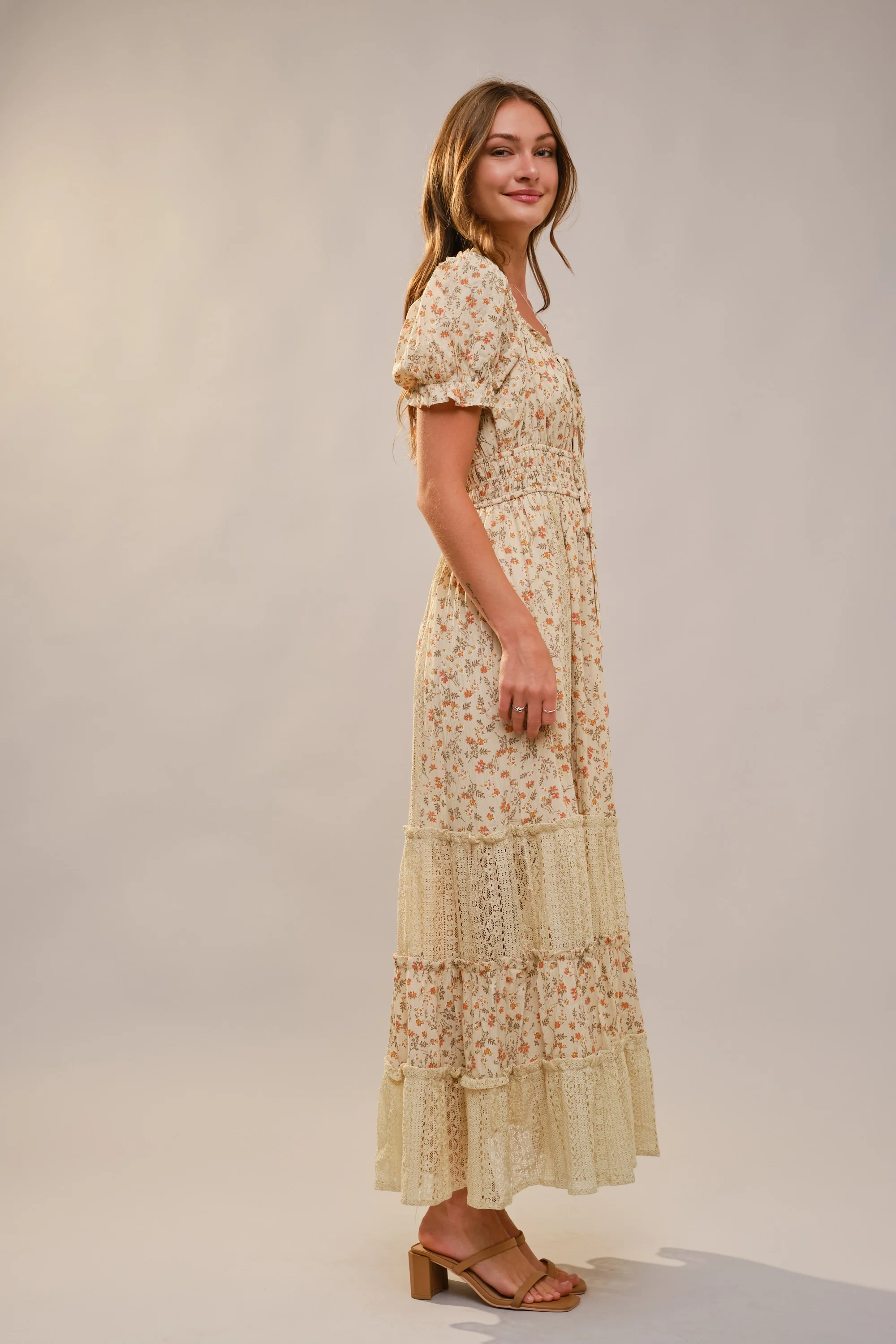 Cream Floral Lace Inset Puff Sleeve Maxi Dress - Image 5