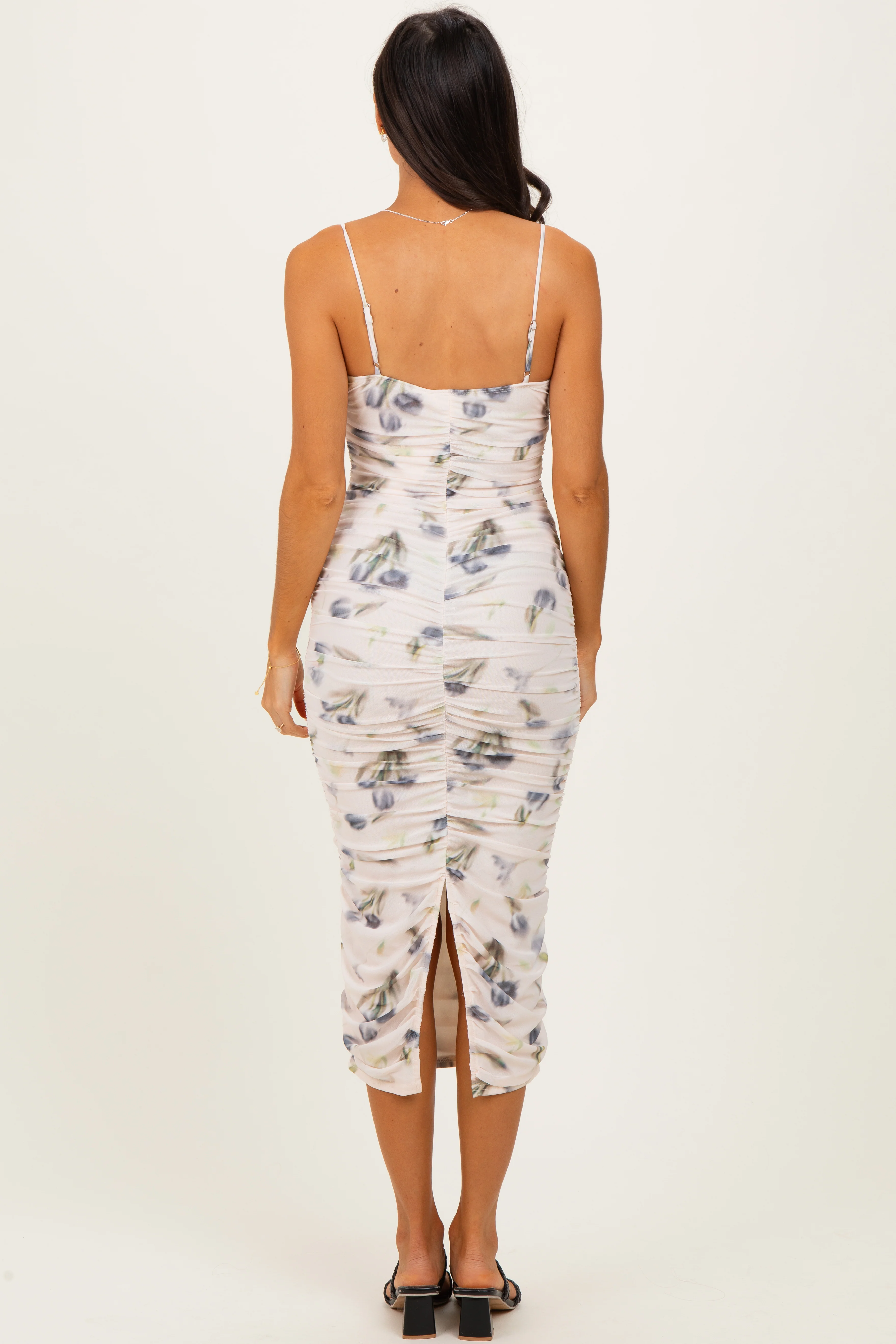 Cream Floral Mesh Ruched Midi Dress - Image 4