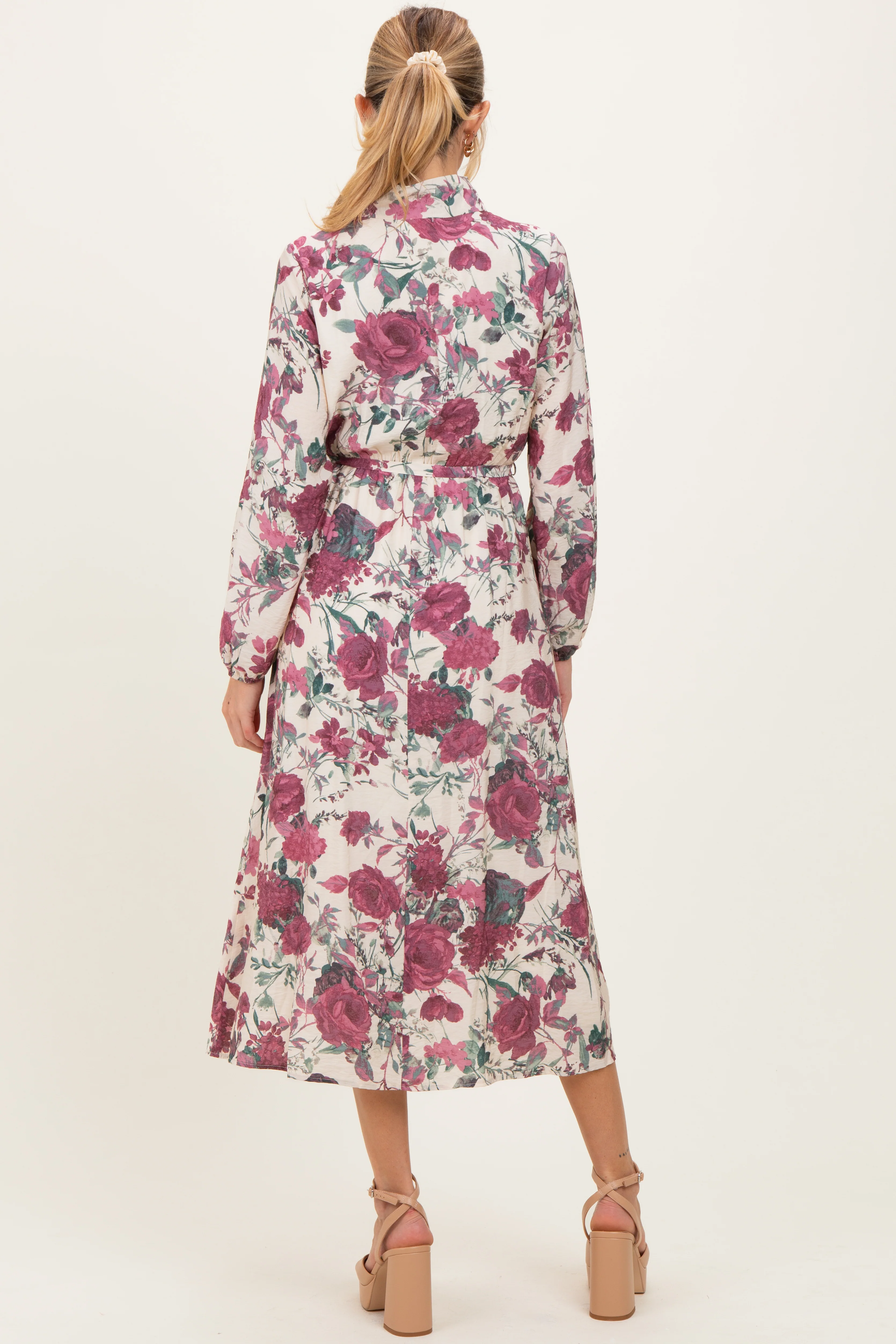 Cream Floral Neck Tie Long Sleeve Maternity Midi Dress - Image 3