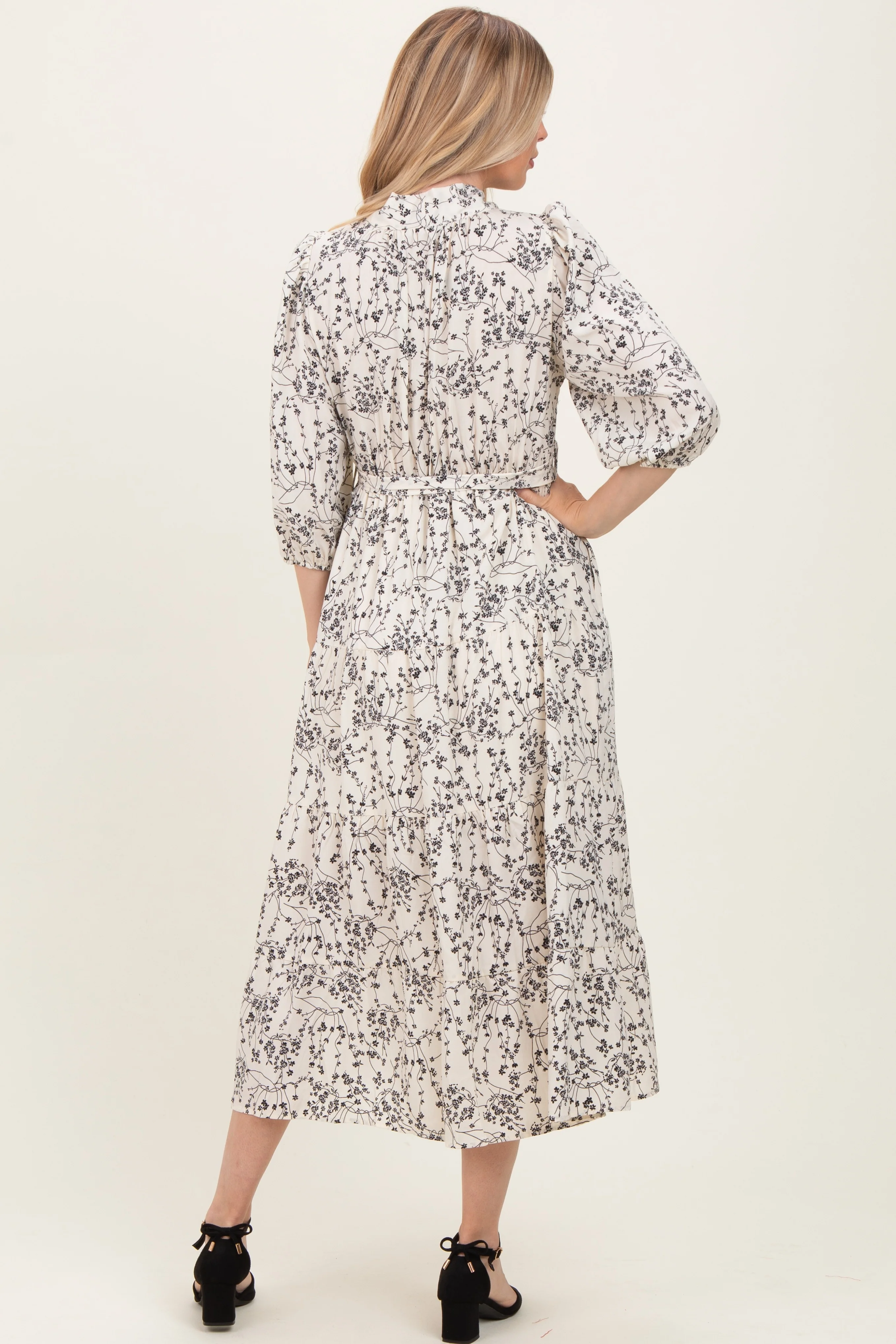 Cream Floral Neck Tie Midi Dress - Image 3