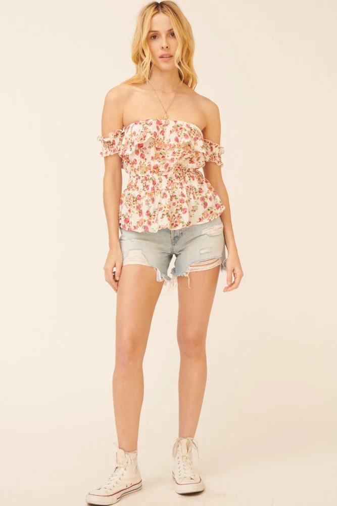 Cream Floral Off-Shoulder Ruffle Flounce Peplum Top - Image 4