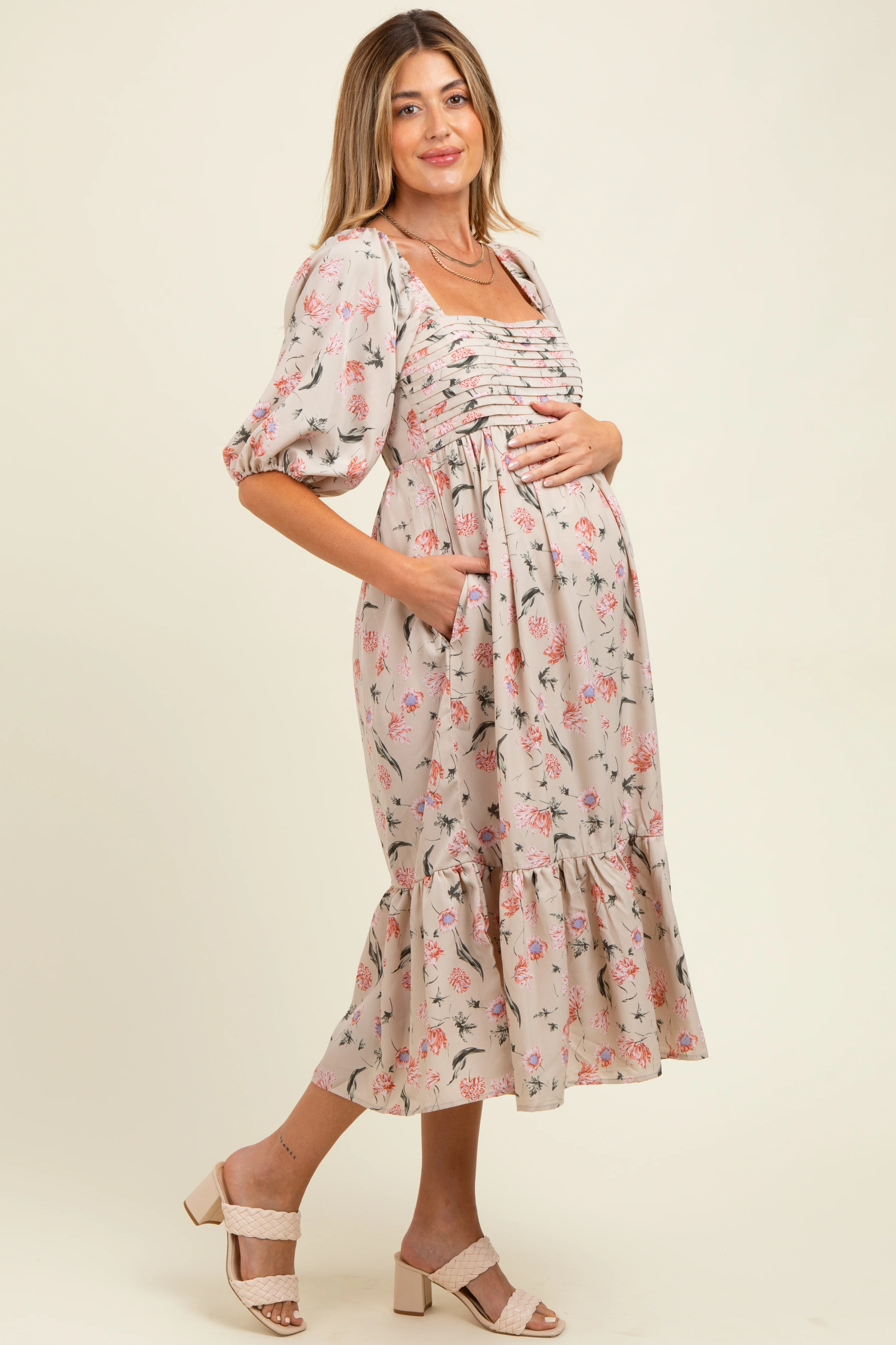 Cream Floral Pleated Bodice 3/4 Sleeve Maternity Midi Dress - Image 3