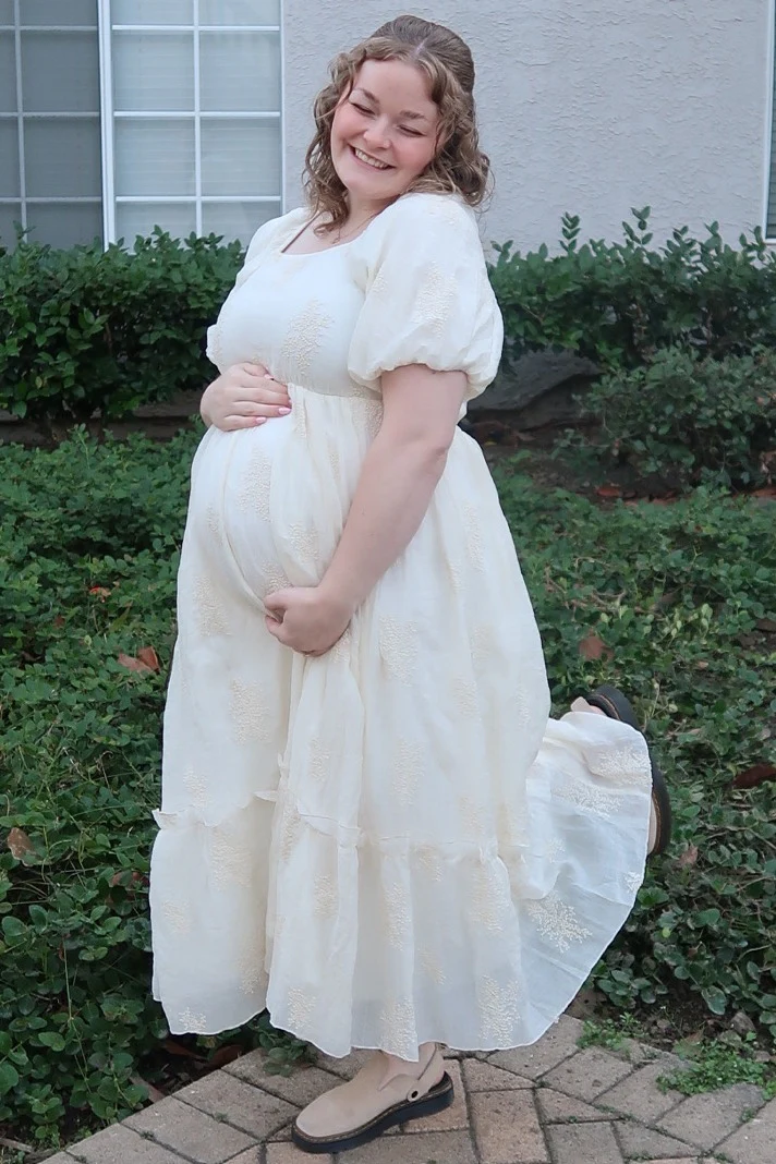 Cream Floral Print Ruffle Hem Maternity Midi Dress - Image 6