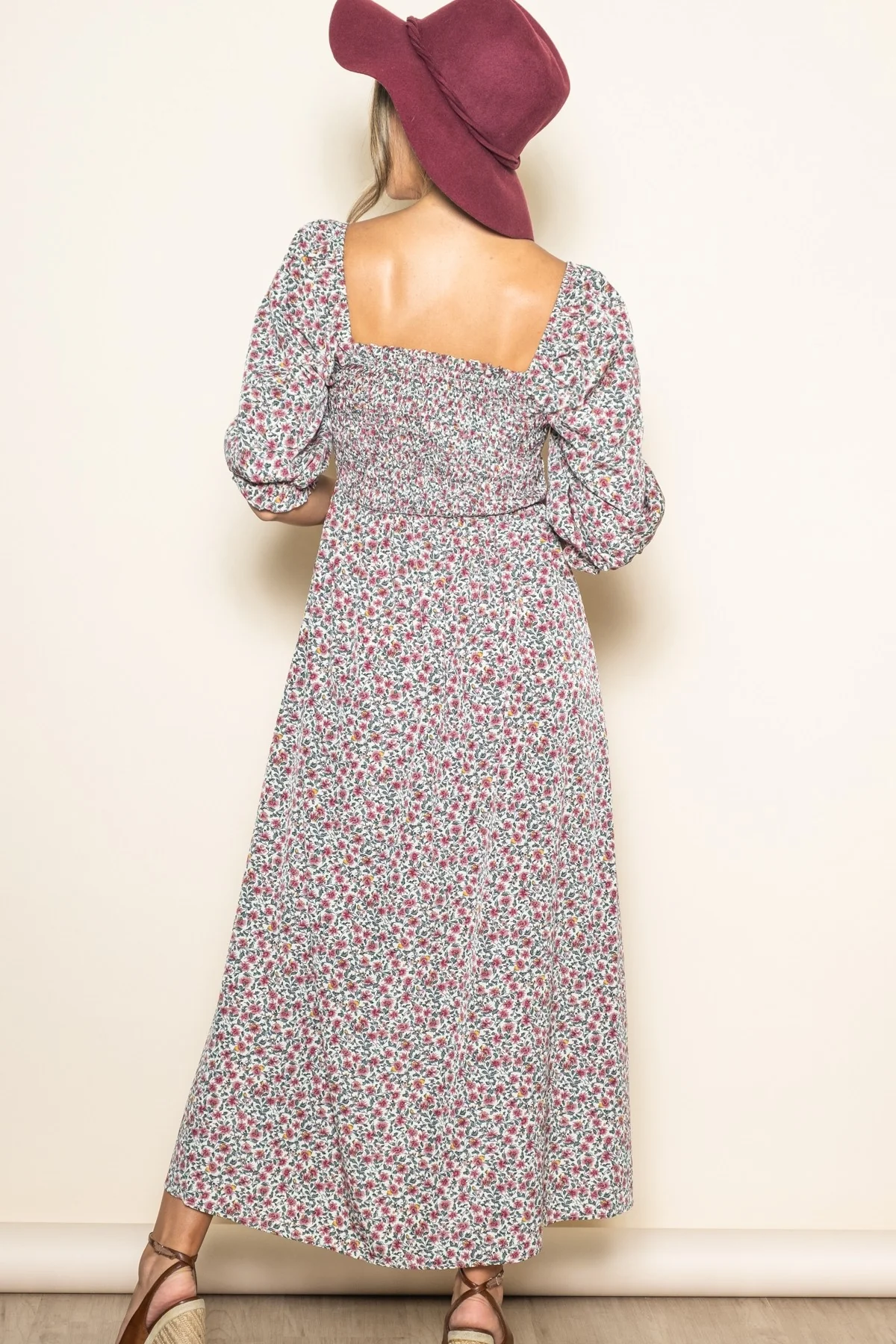Cream Floral Print Smocked Bodice Maxi Dress - Image 4
