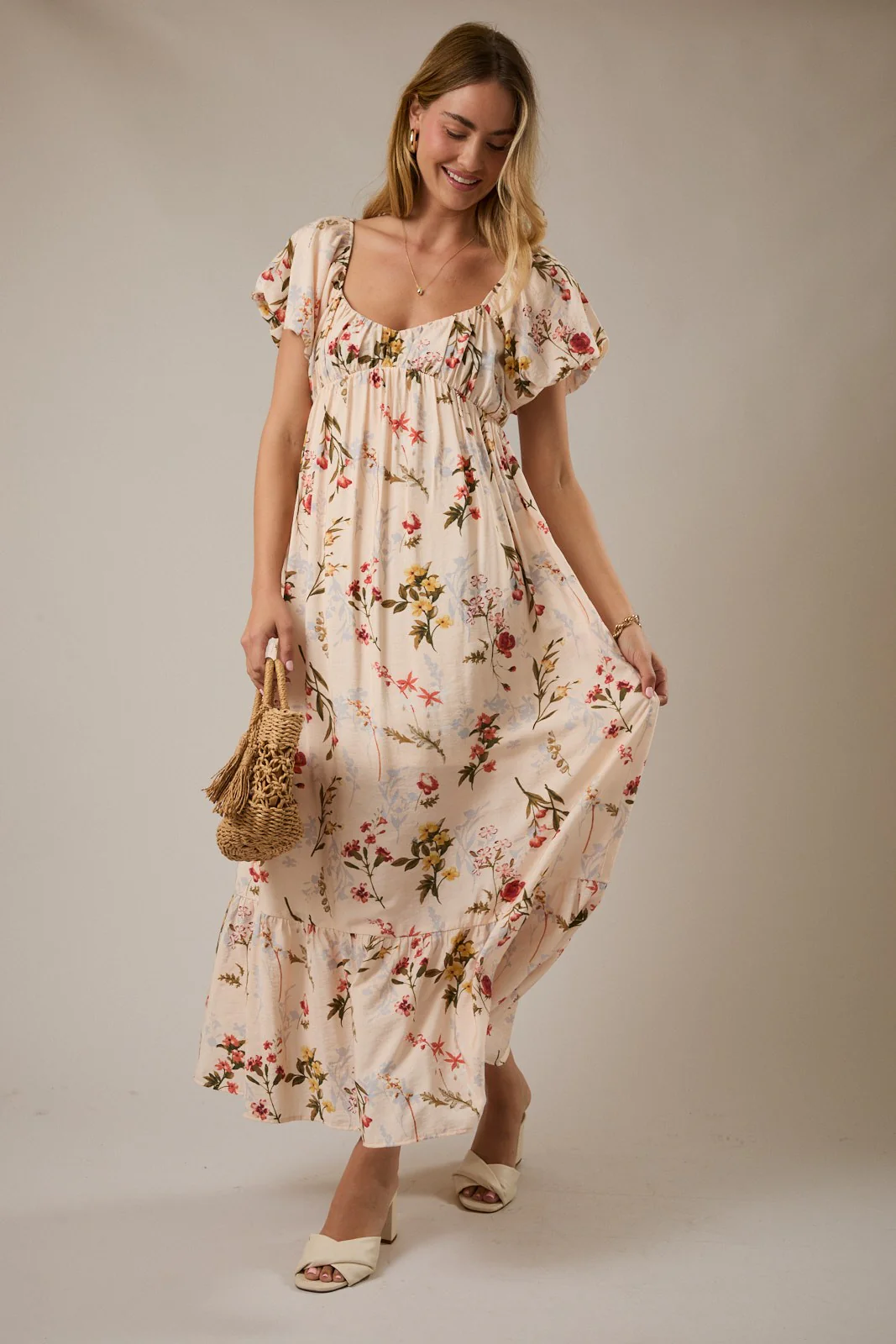 Cream Floral Puff Sleeve Maternity Maxi Dress - Image 4