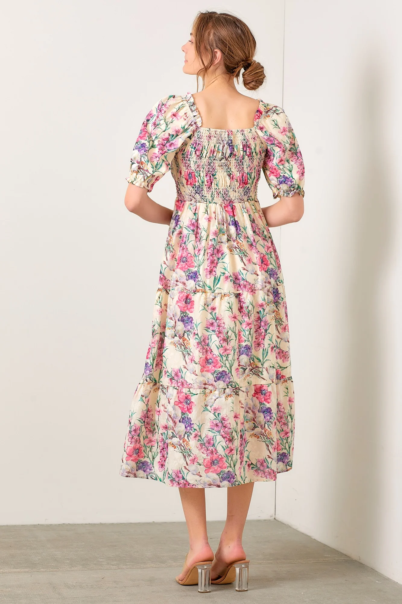 Cream Floral Puff Sleeve Smocked Midi Dress - Image 3