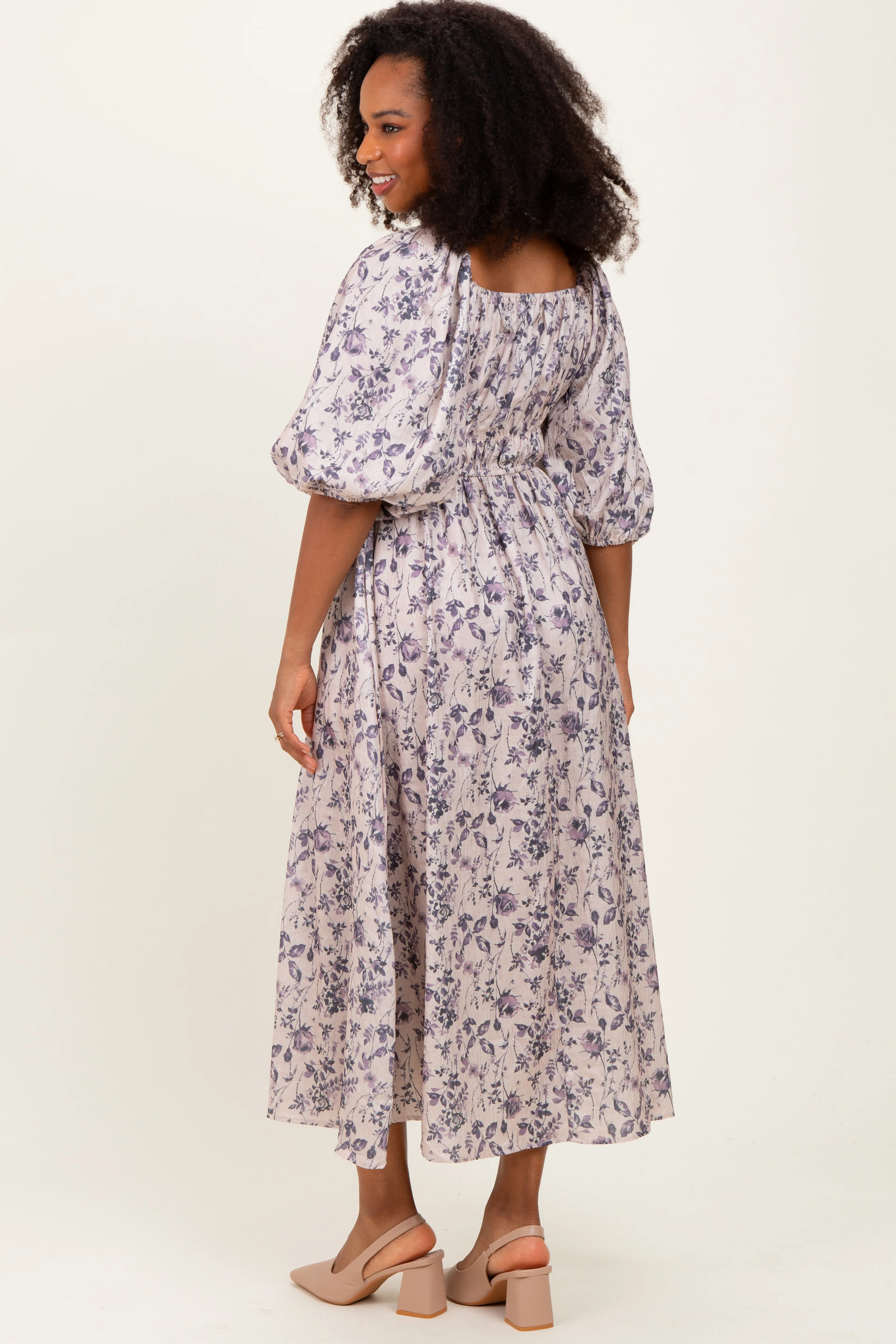 Cream Floral Puff Sleeve Smocked Waist Midi Dress - Image 3