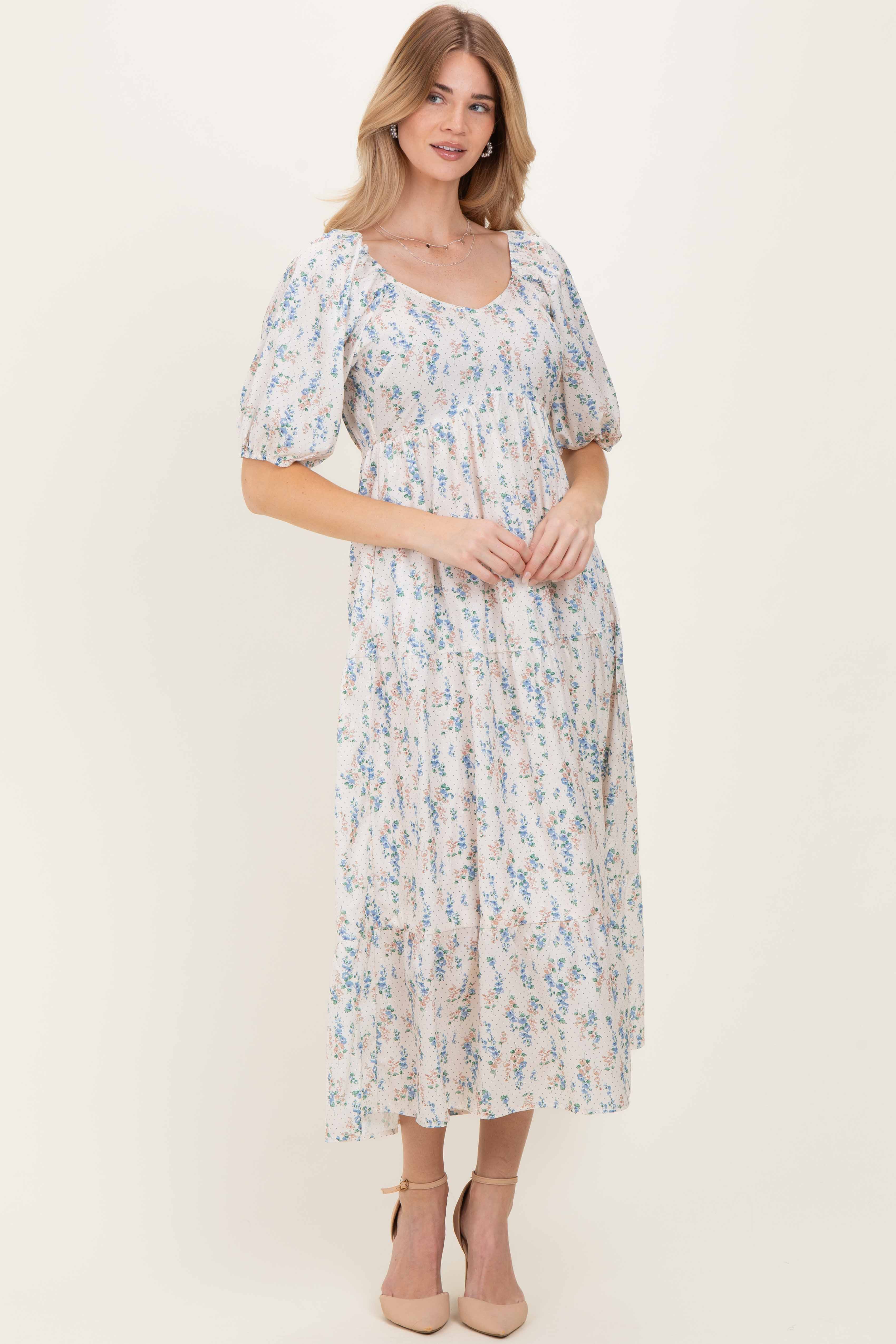 Cream Floral Puff Sleeve Tiered Maternity Maxi Dress - Image 5