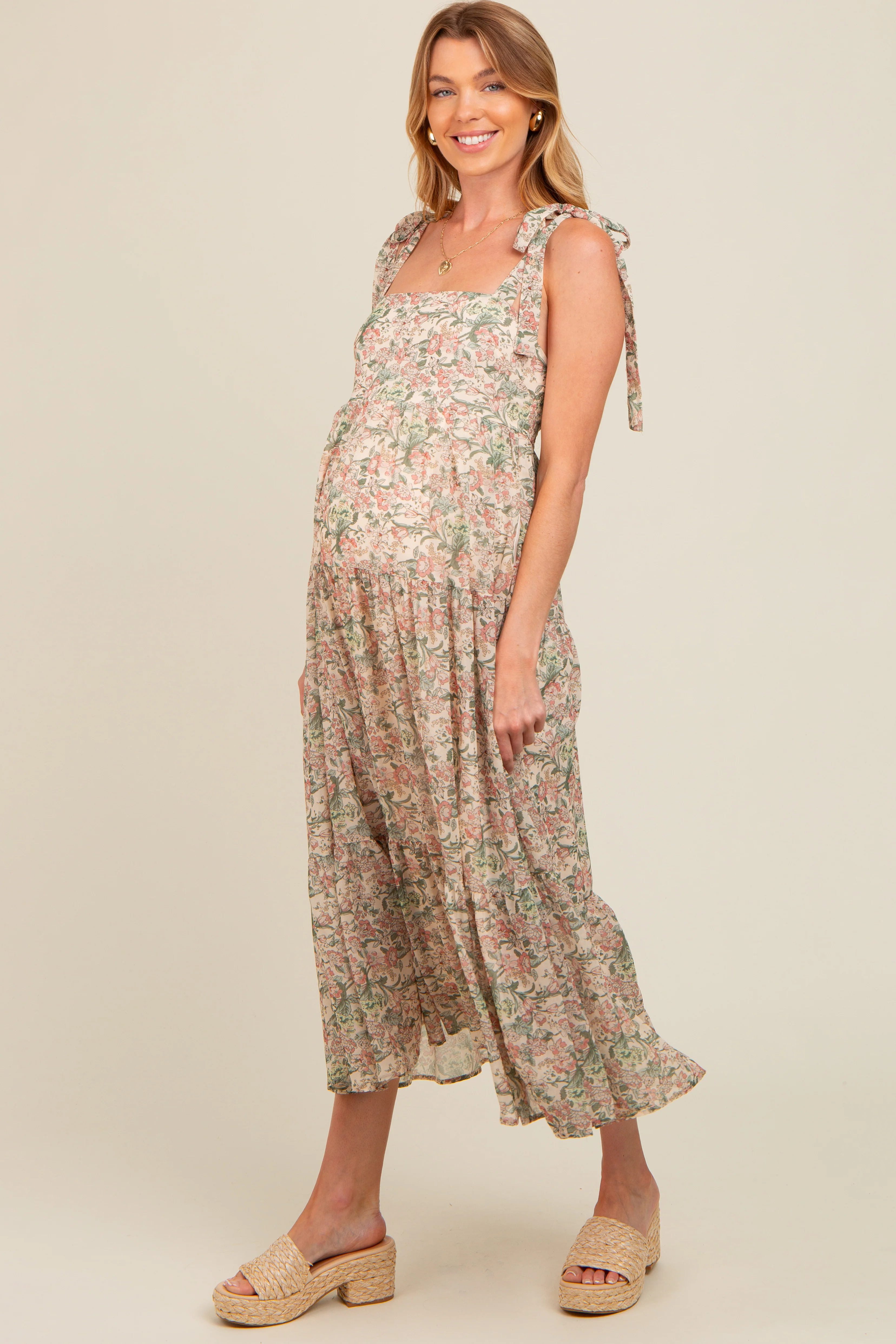 Cream Floral Shoulder Tie Tiered Maternity Maxi Dress - Image 3