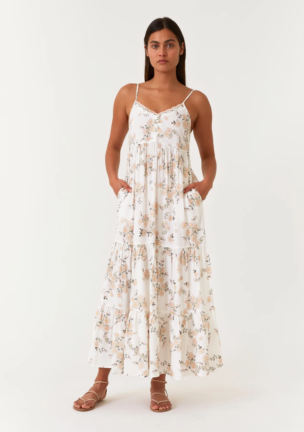 Cream Floral Sleeveless Tiered Maternity Maxi Dress - Image 5