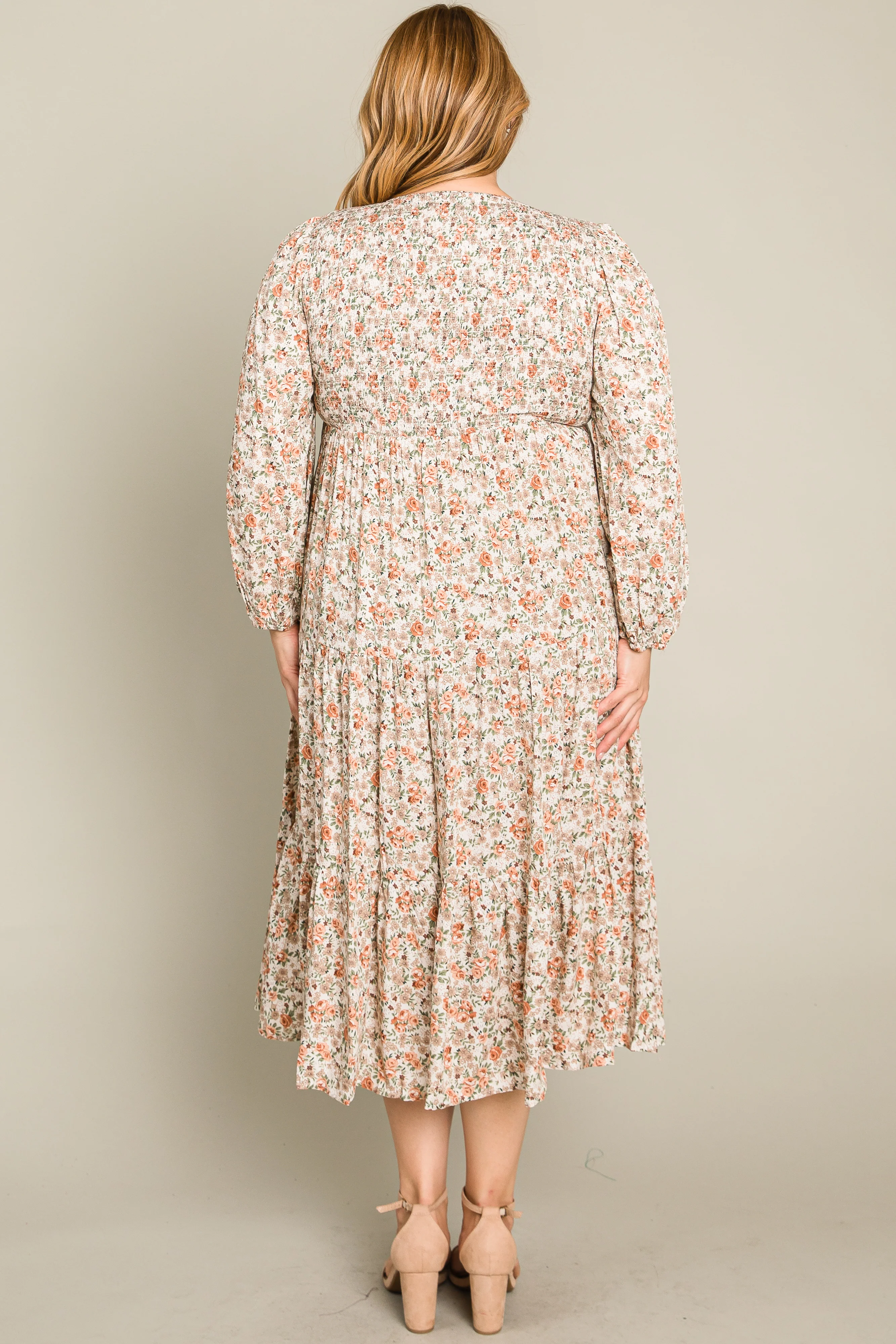 Cream Floral Smocked 3/4 Sleeve Plus Midi Dress - Image 12
