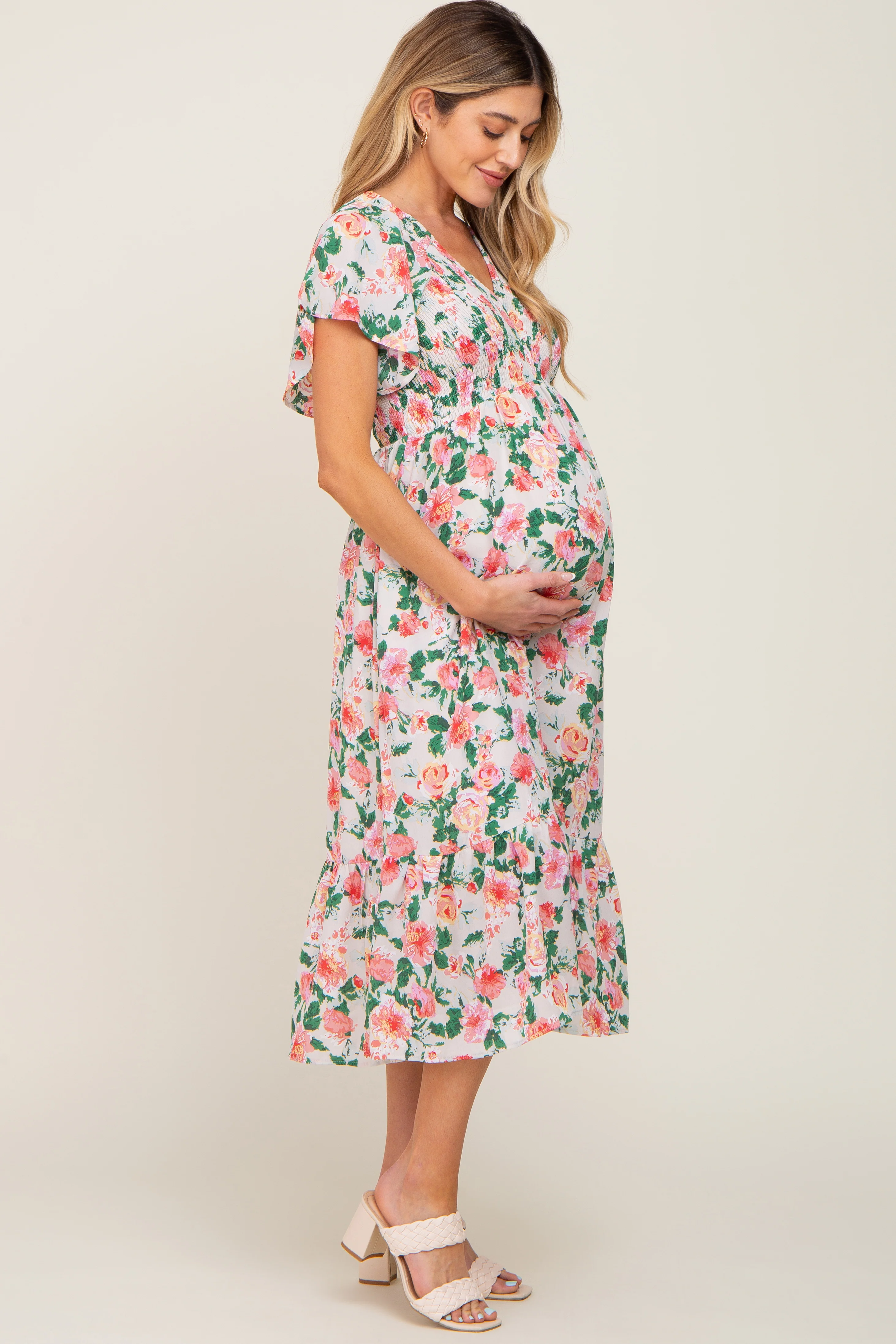 Cream Floral Smocked Flutter Sleeve Maternity Midi Dress - Image 2