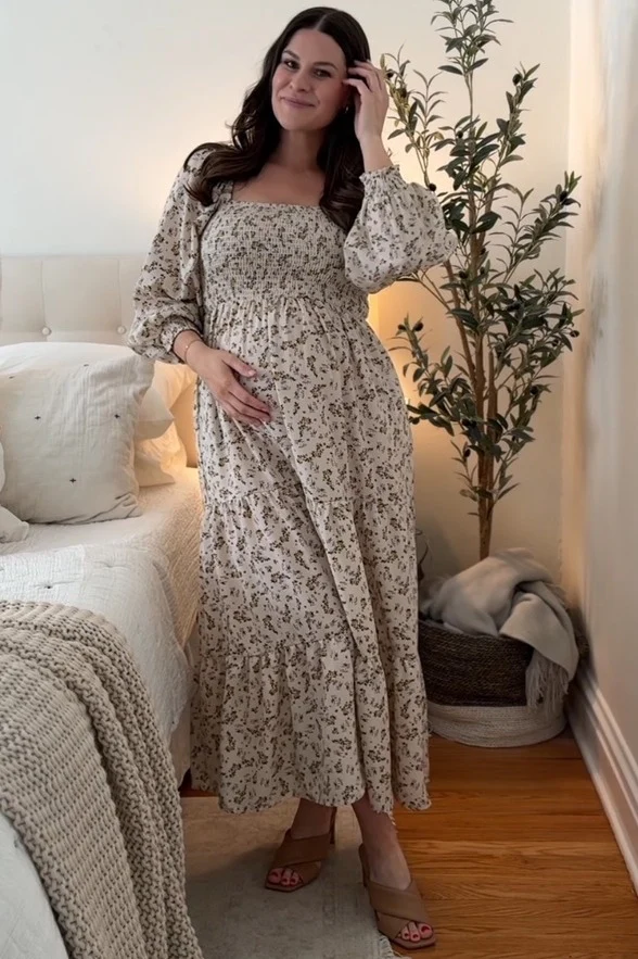 Cream Floral Smocked Long Sleeve Maternity Maxi Dress - Image 8