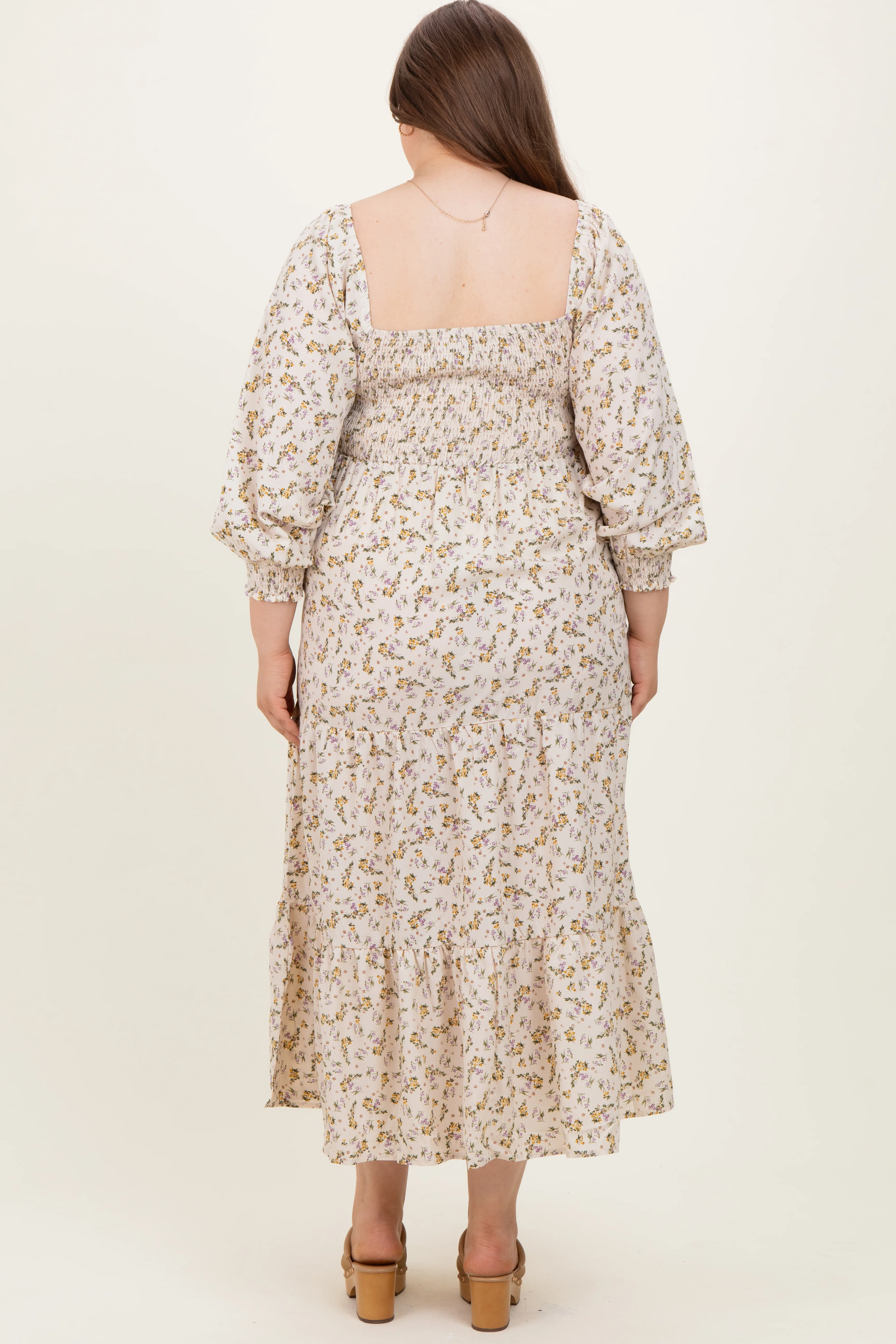 Cream Floral Smocked Long Sleeve Maternity Plus Maxi Dress - Image 4
