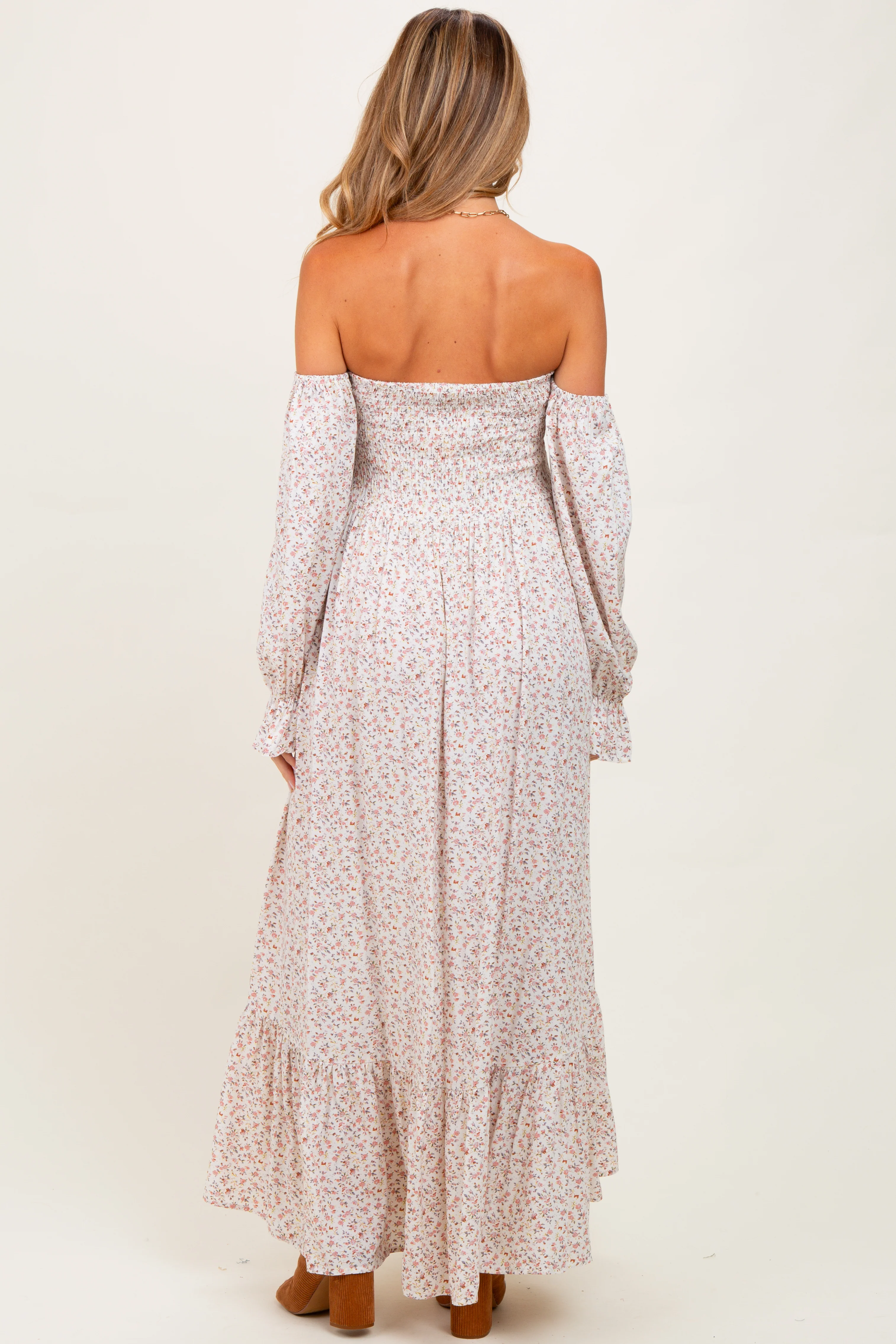 Cream Floral Smocked Off Shoulder Maternity Maxi Dress - Image 3