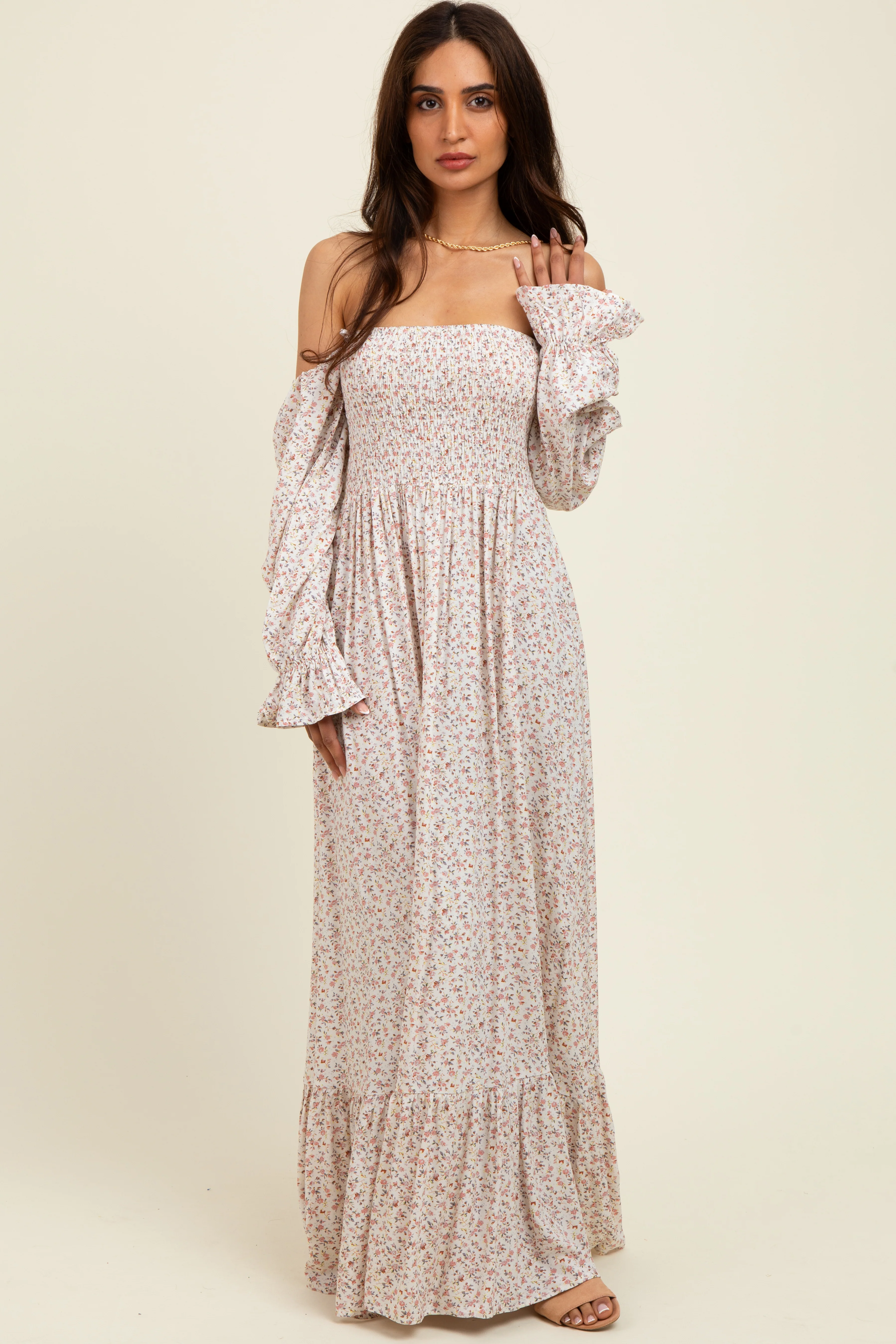 Cream Floral Smocked Off Shoulder Maternity Maxi Dress - Image 4