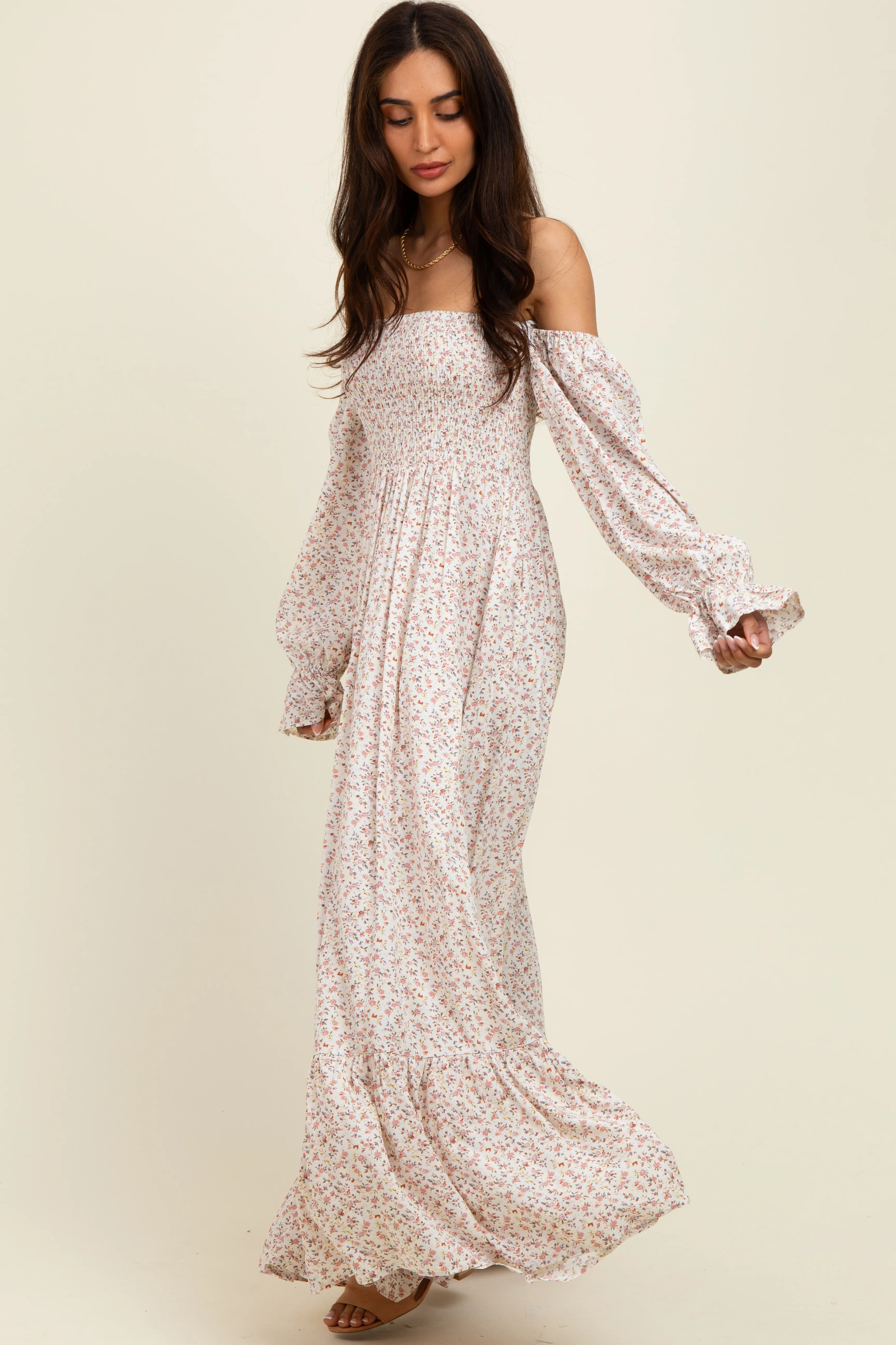 Cream Floral Smocked Off Shoulder Maxi Dress - Image 2