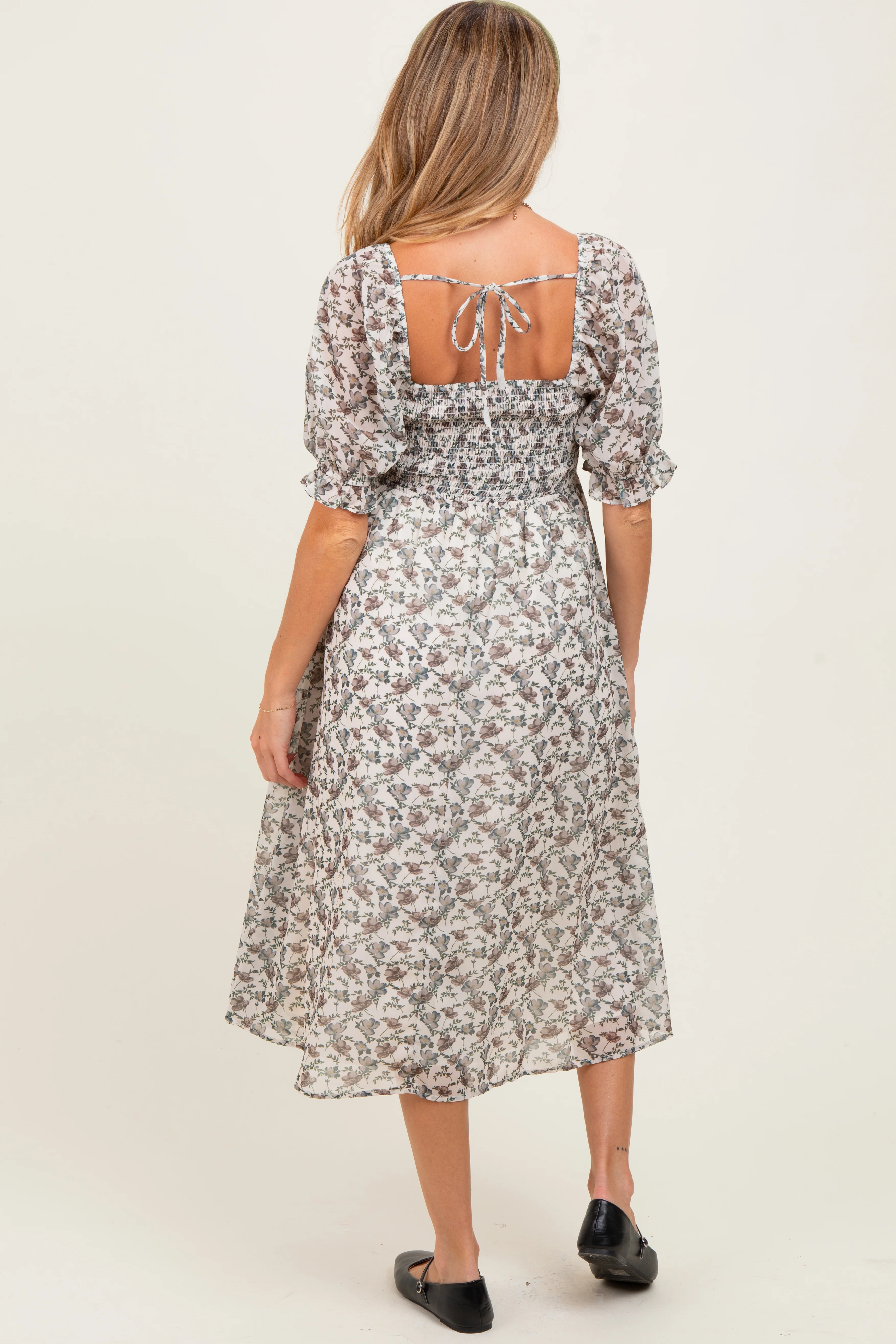 Cream Floral Smocked Puff Sleeve Maternity Midi Dress - Image 4