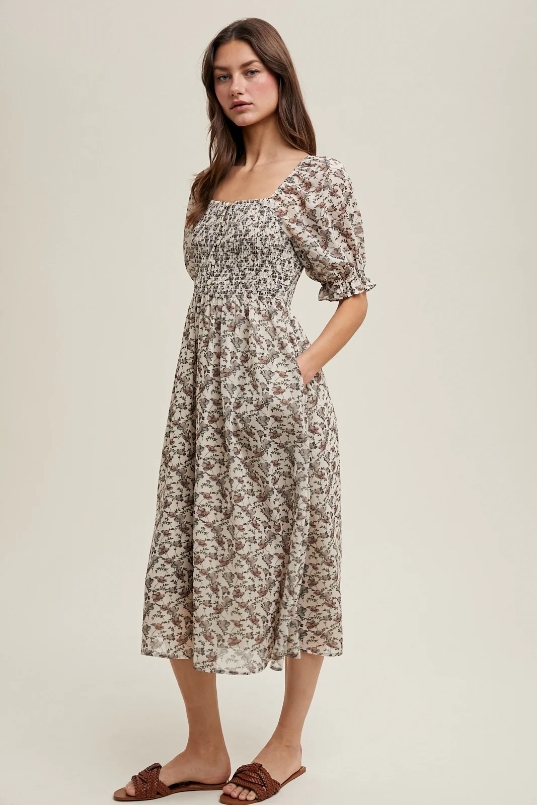 Cream Floral Smocked Puff Sleeve Midi Dress - Image 2