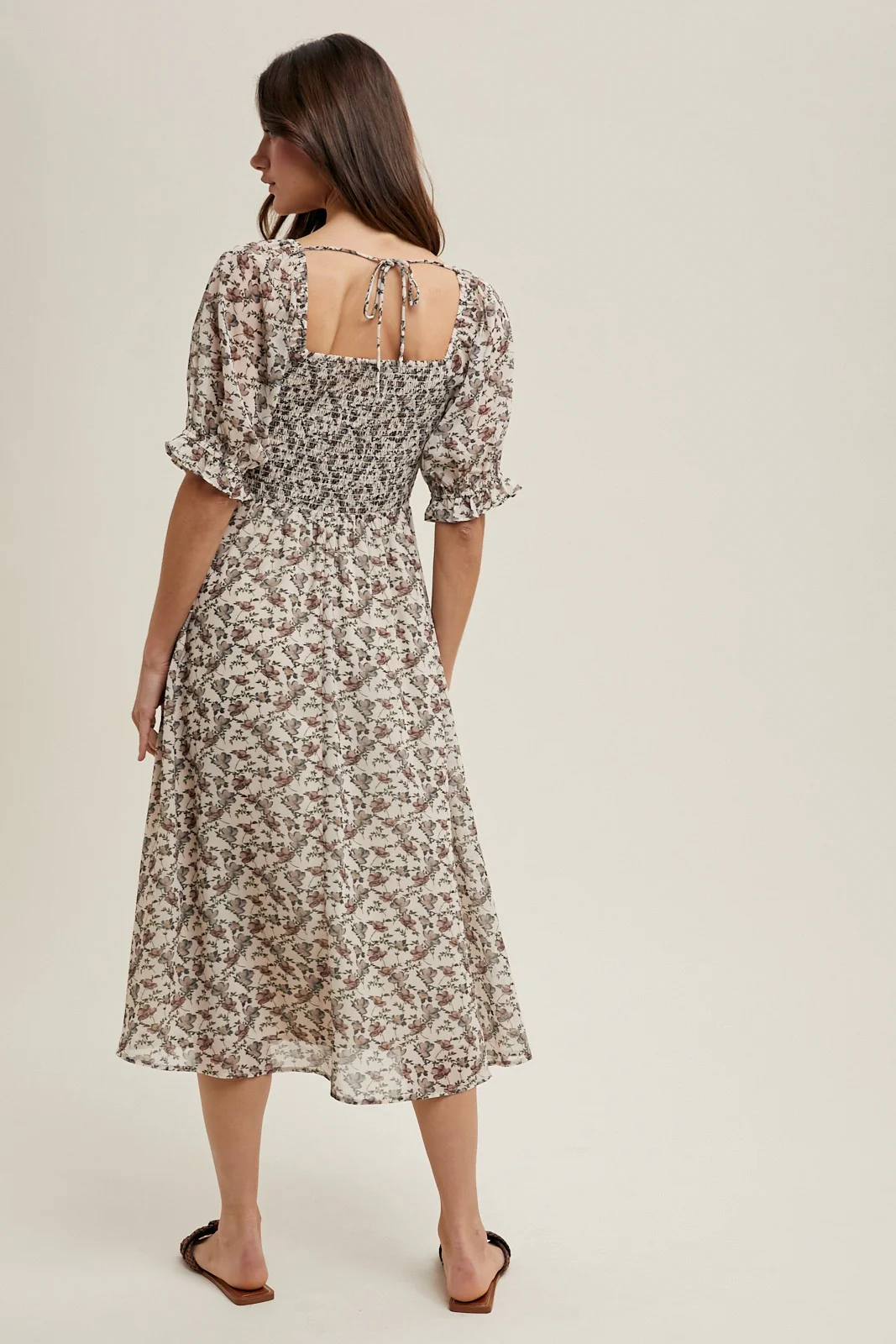 Cream Floral Smocked Puff Sleeve Midi Dress - Image 3