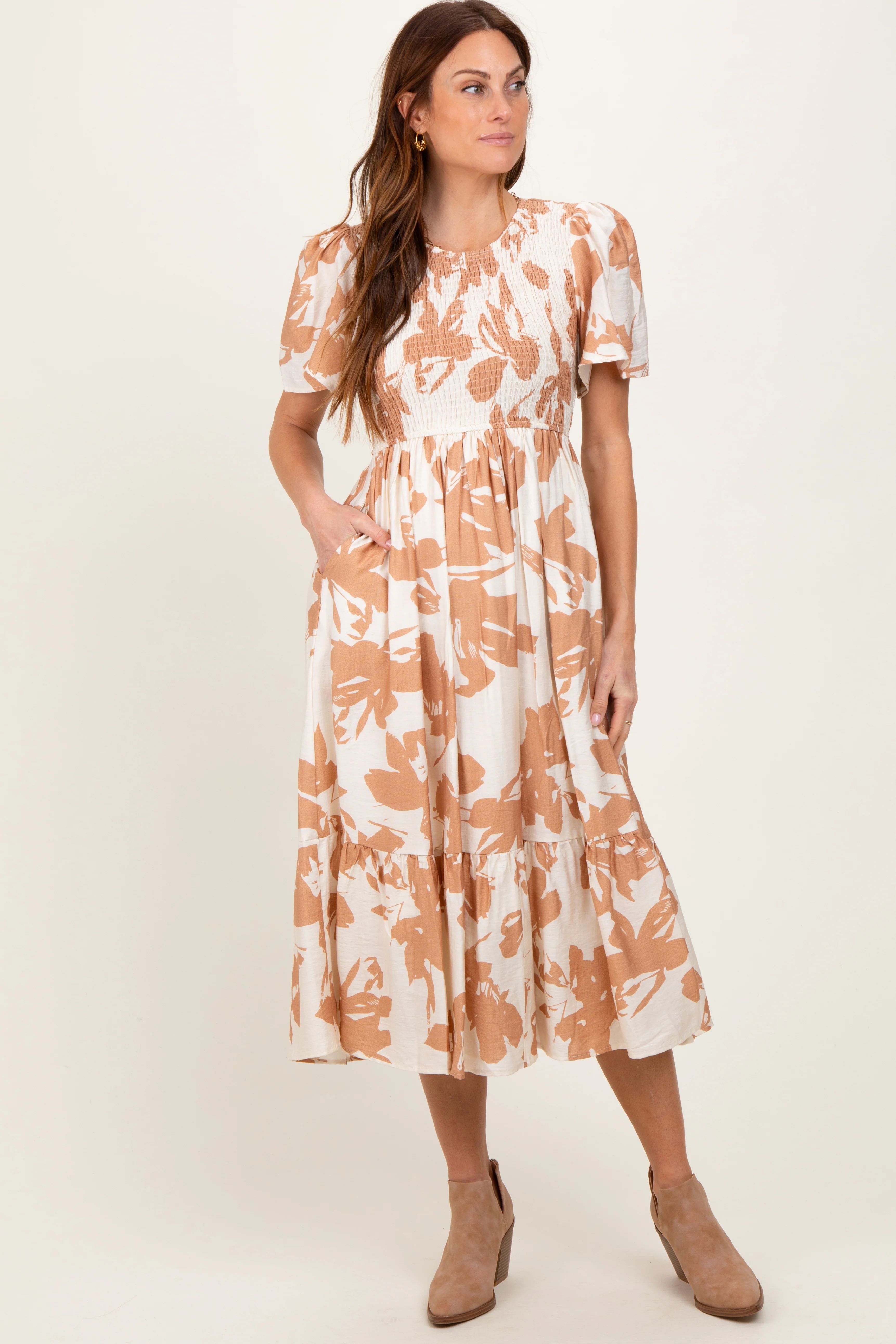 Cream Floral Smocked Short Sleeve Maternity Midi Dress - Image 5