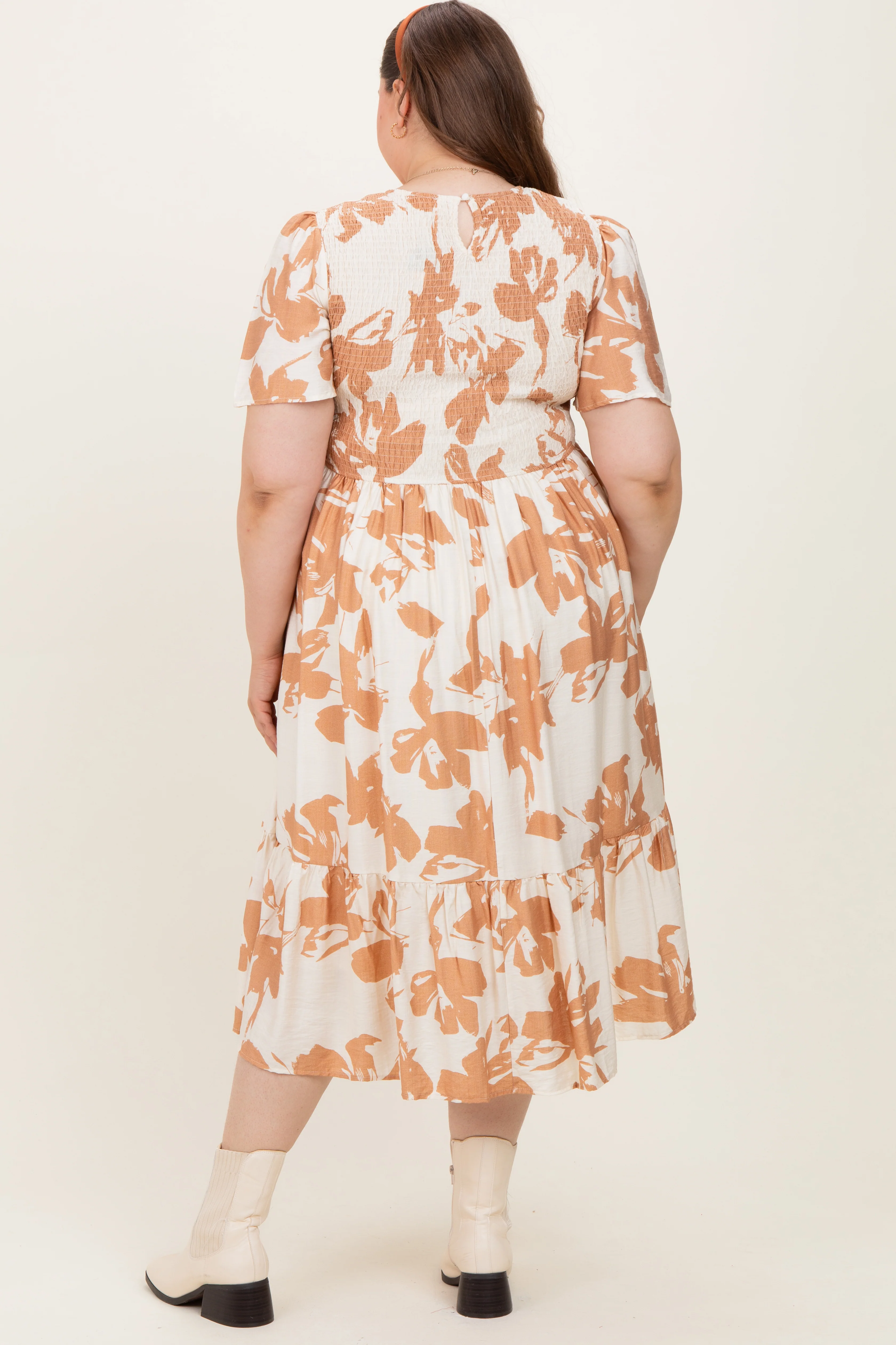 Cream Floral Smocked Short Sleeve Maternity Plus Midi Dress - Image 3