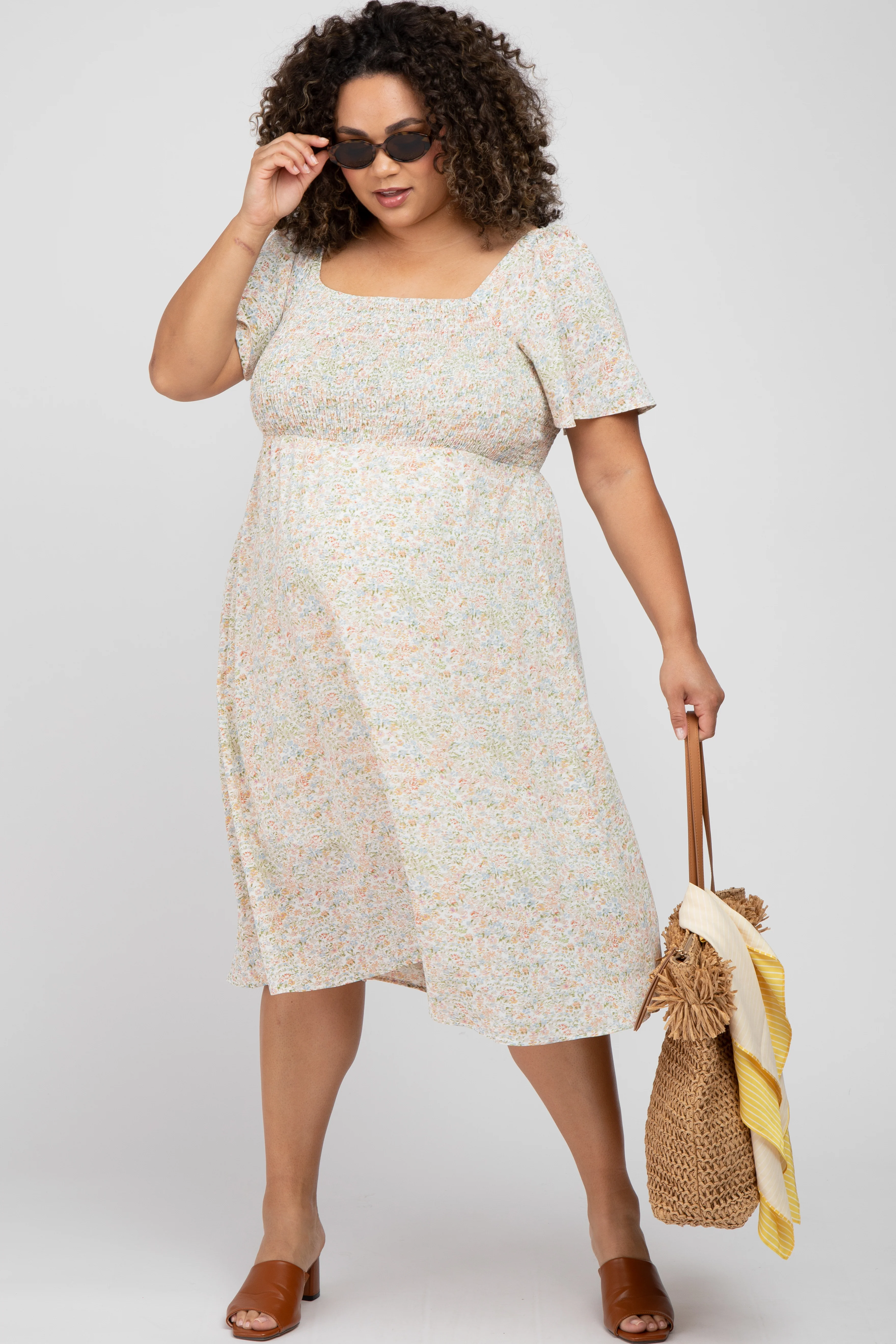Cream Floral Smocked Square Neck Maternity Midi Dress - Image 5