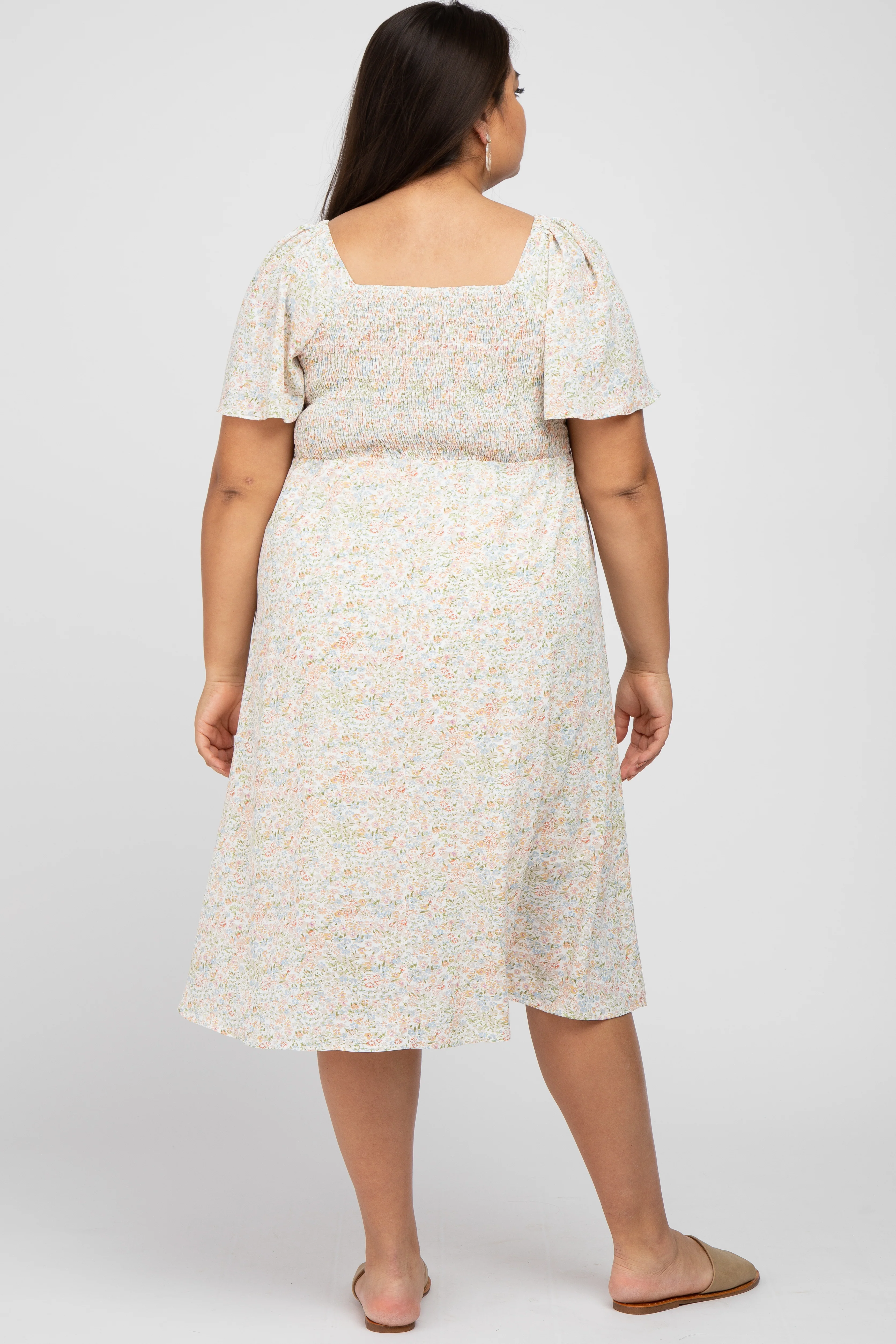 Cream Floral Smocked Square Neck Midi Dress - Image 3