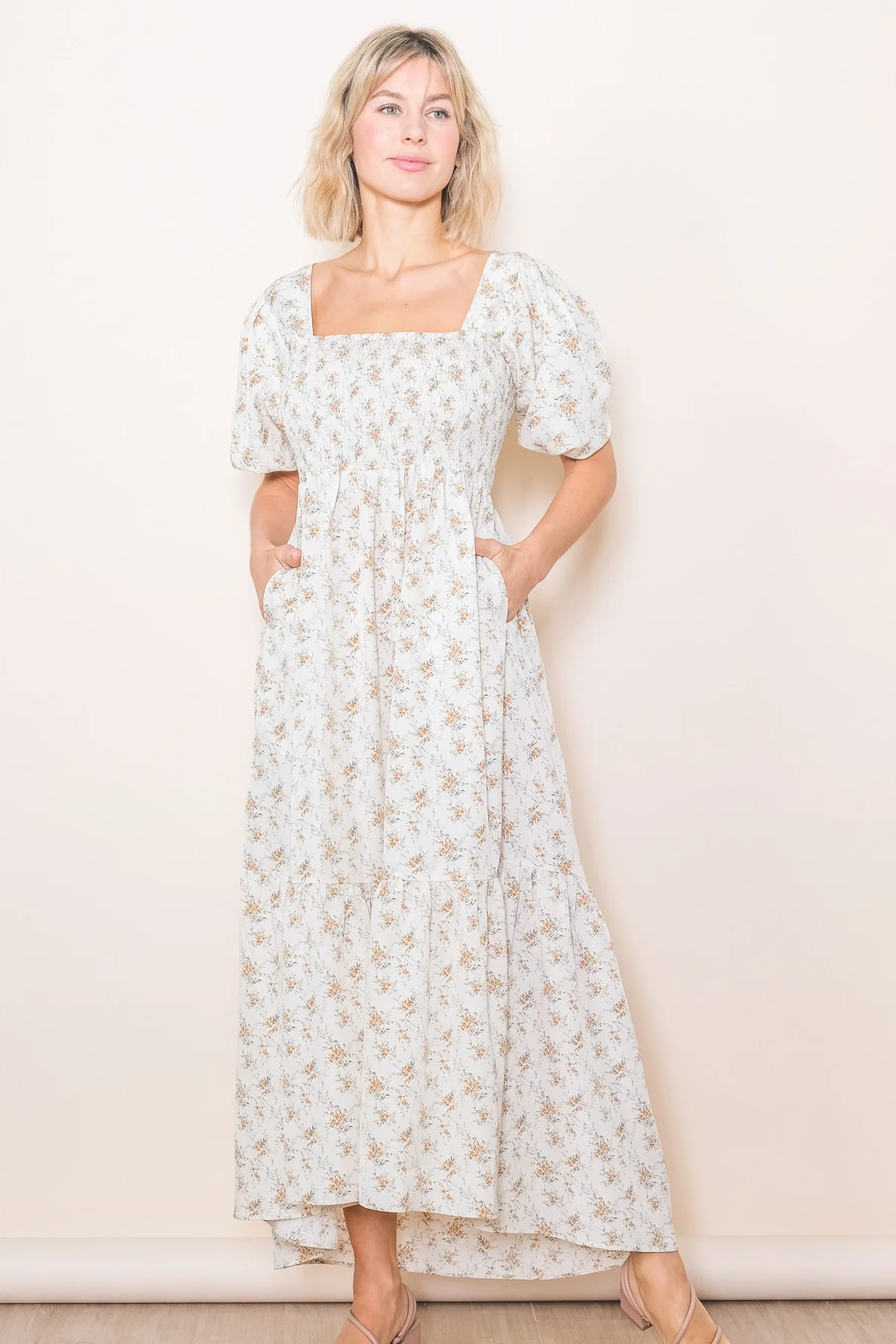 Cream Floral Smocked Square Neck Short Puff Sleeve Maternity Midi Dress - Image 6