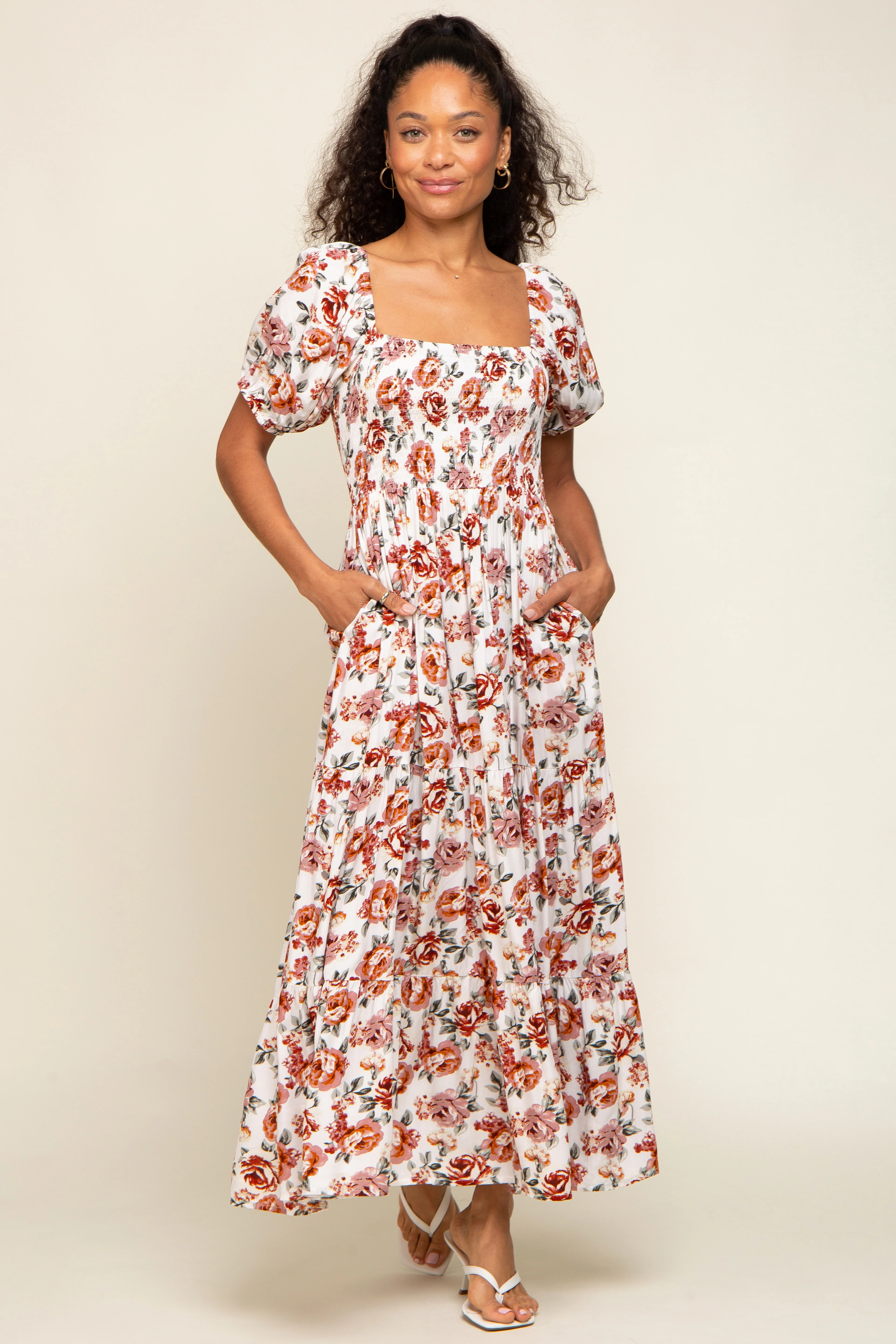 Cream Floral Smocked Square Neck Tiered Maternity Maxi Dress - Image 5