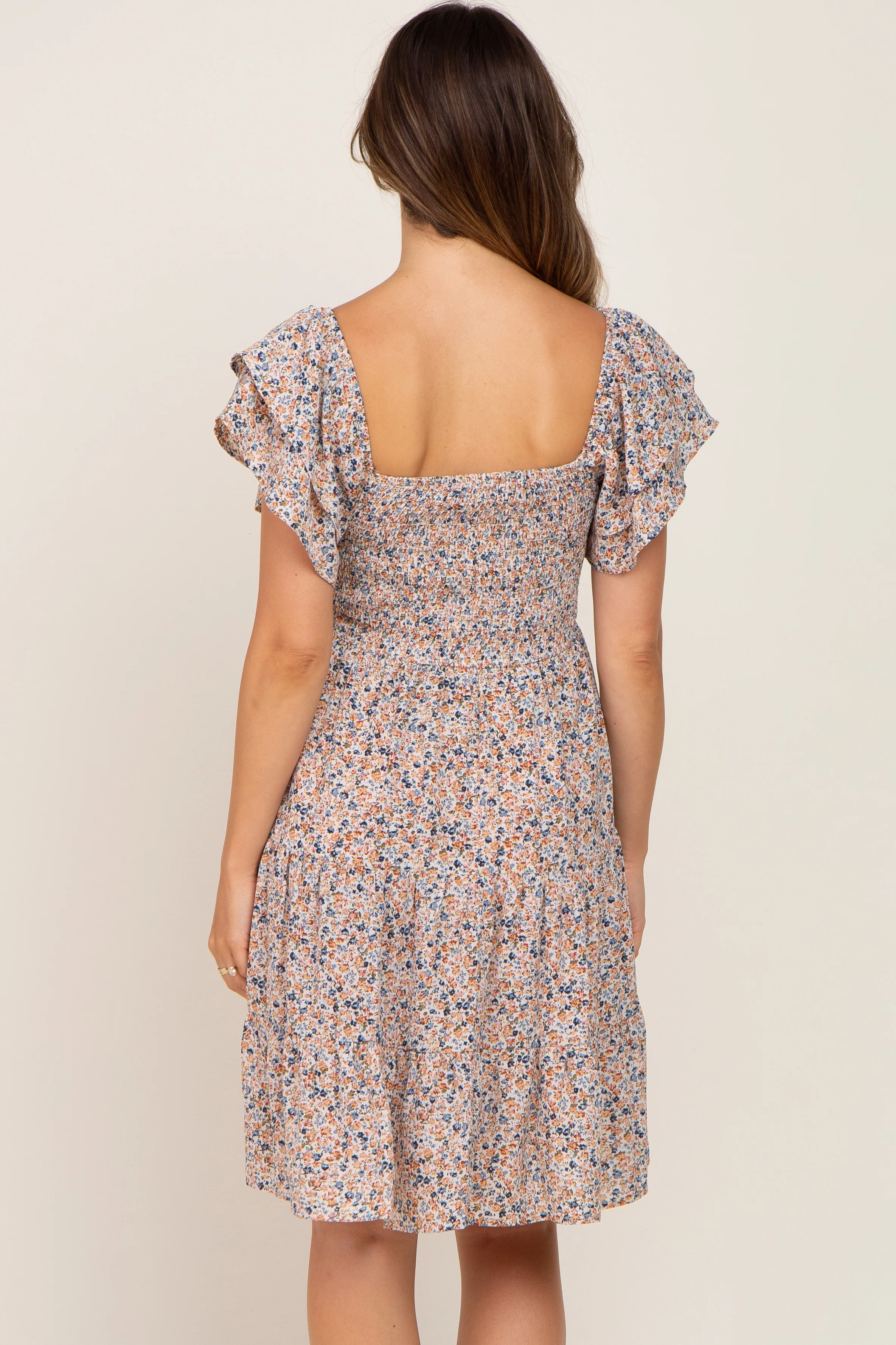 Cream Floral Smocked Tiered Maternity Dress - Image 3