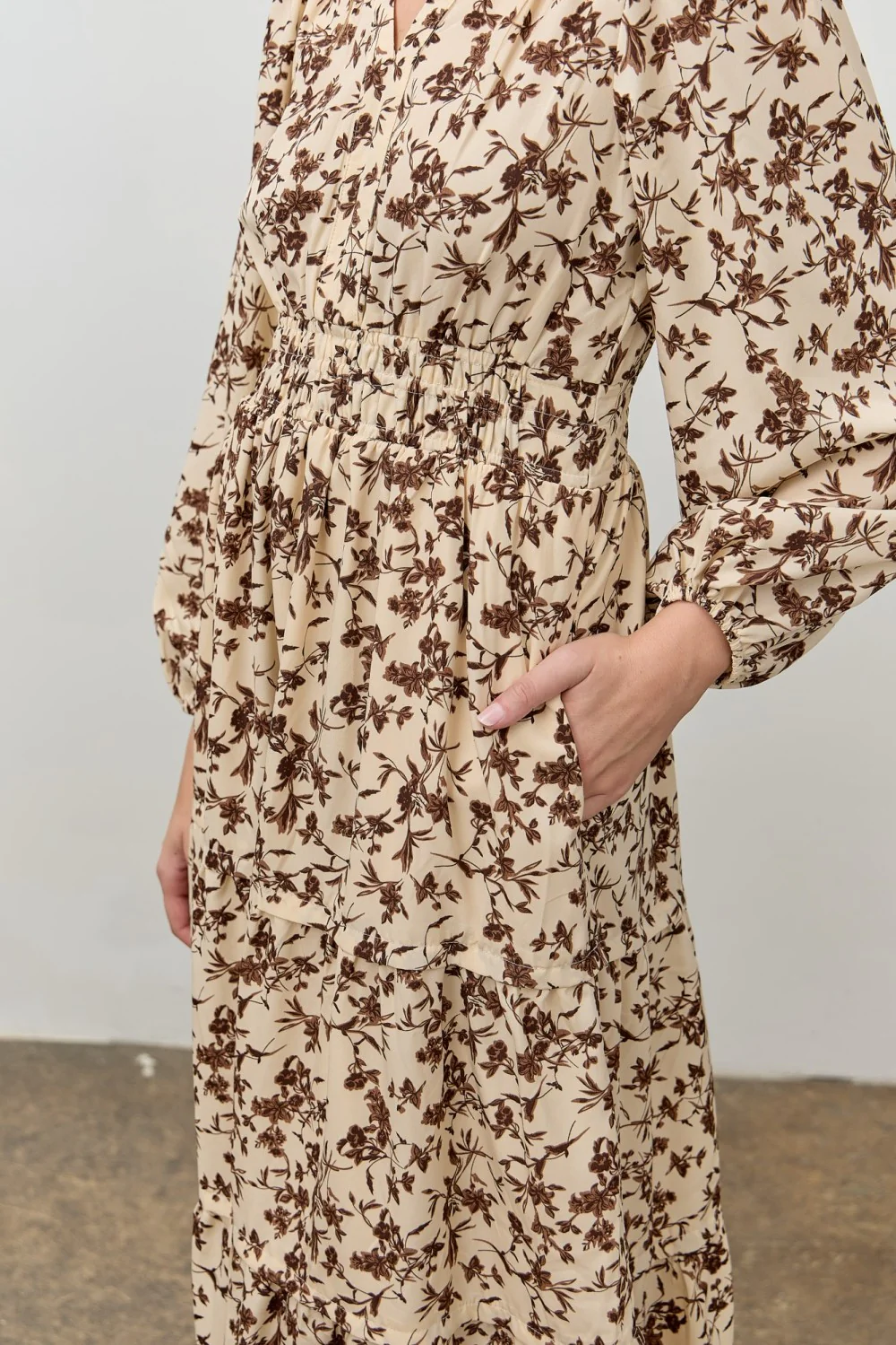 Cream Floral Smocked Waist Long Sleeve Midi Dress - Image 4