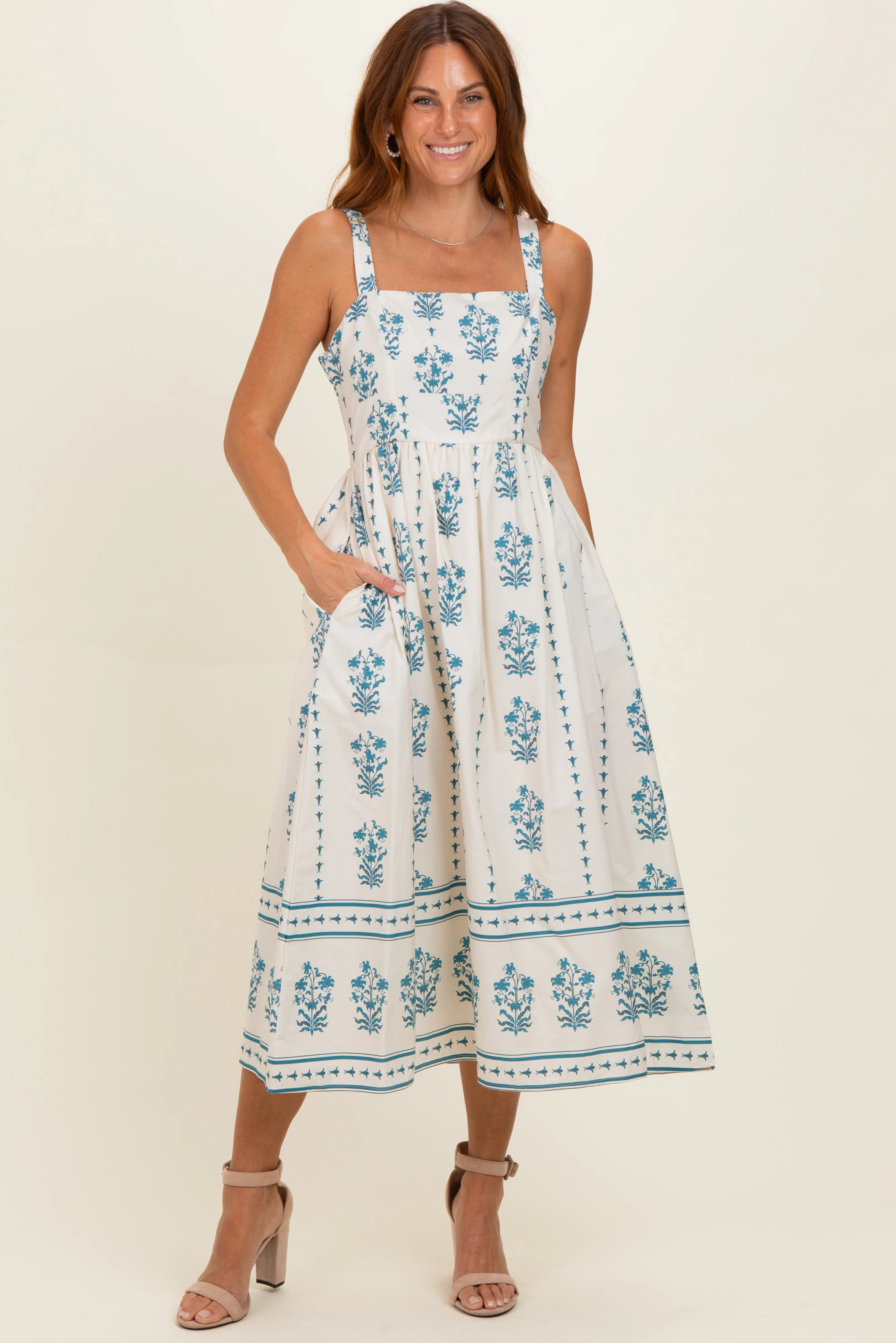 Cream Floral Square Neck Maternity Midi Dress - Image 4