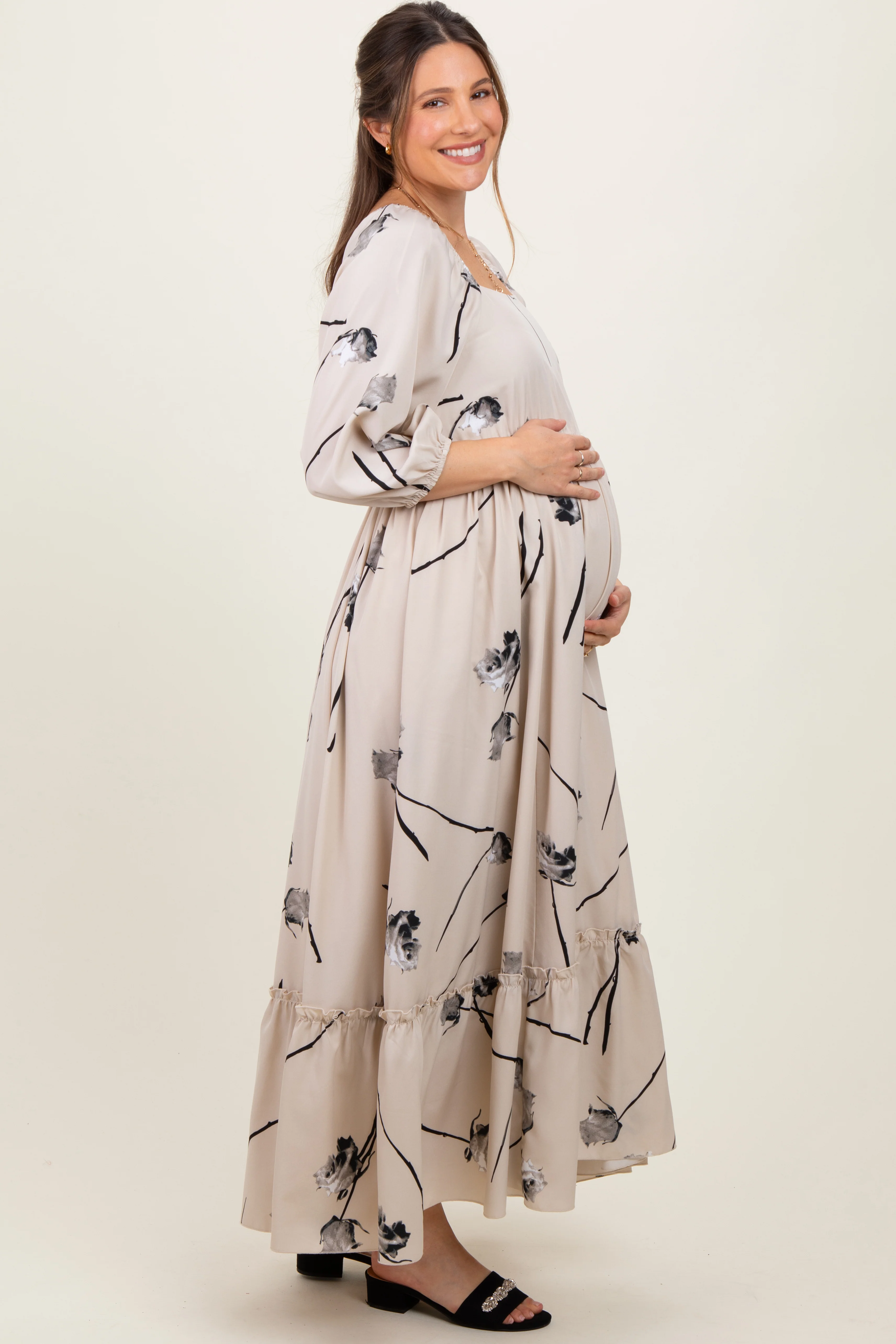 Cream Floral Square Neck Maternity Midi Dress - Image 3