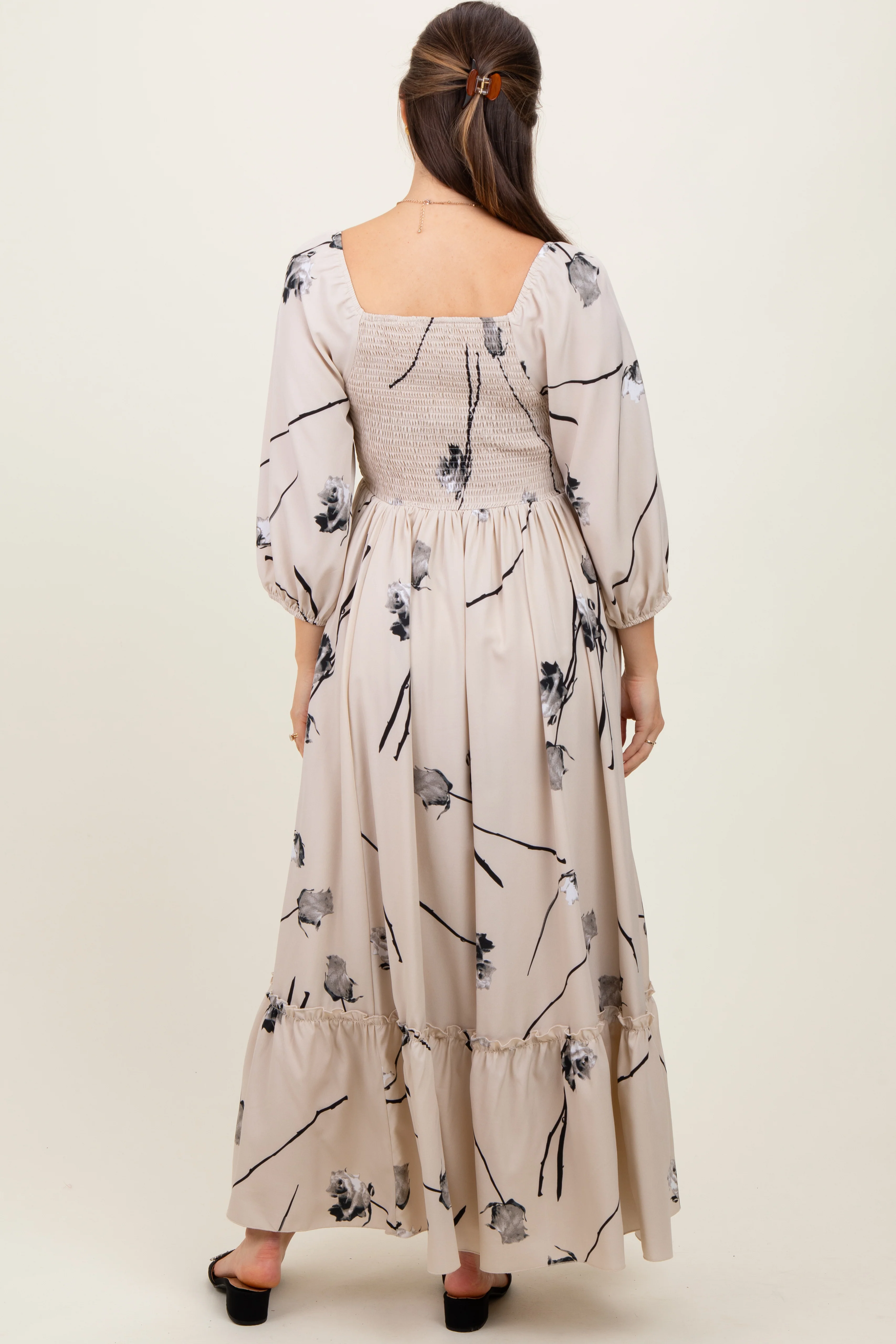 Cream Floral Square Neck Maternity Midi Dress - Image 4