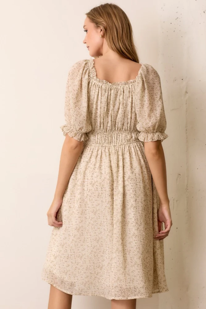 Cream Floral Square Neck Ruffle Accent Midi Dress - Image 3