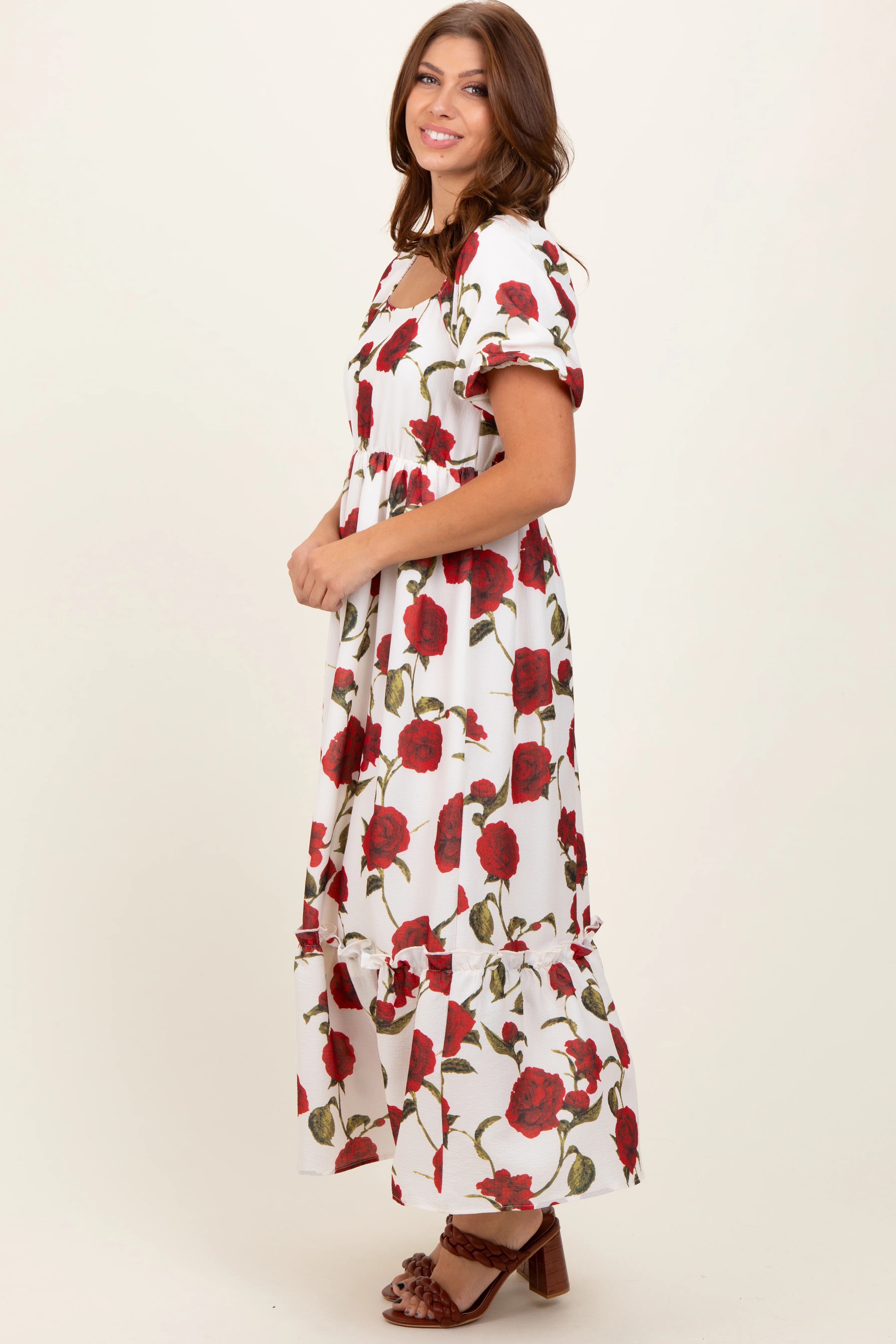 Cream Floral Square Neck Short Puff Sleeve Midi Dress - Image 3