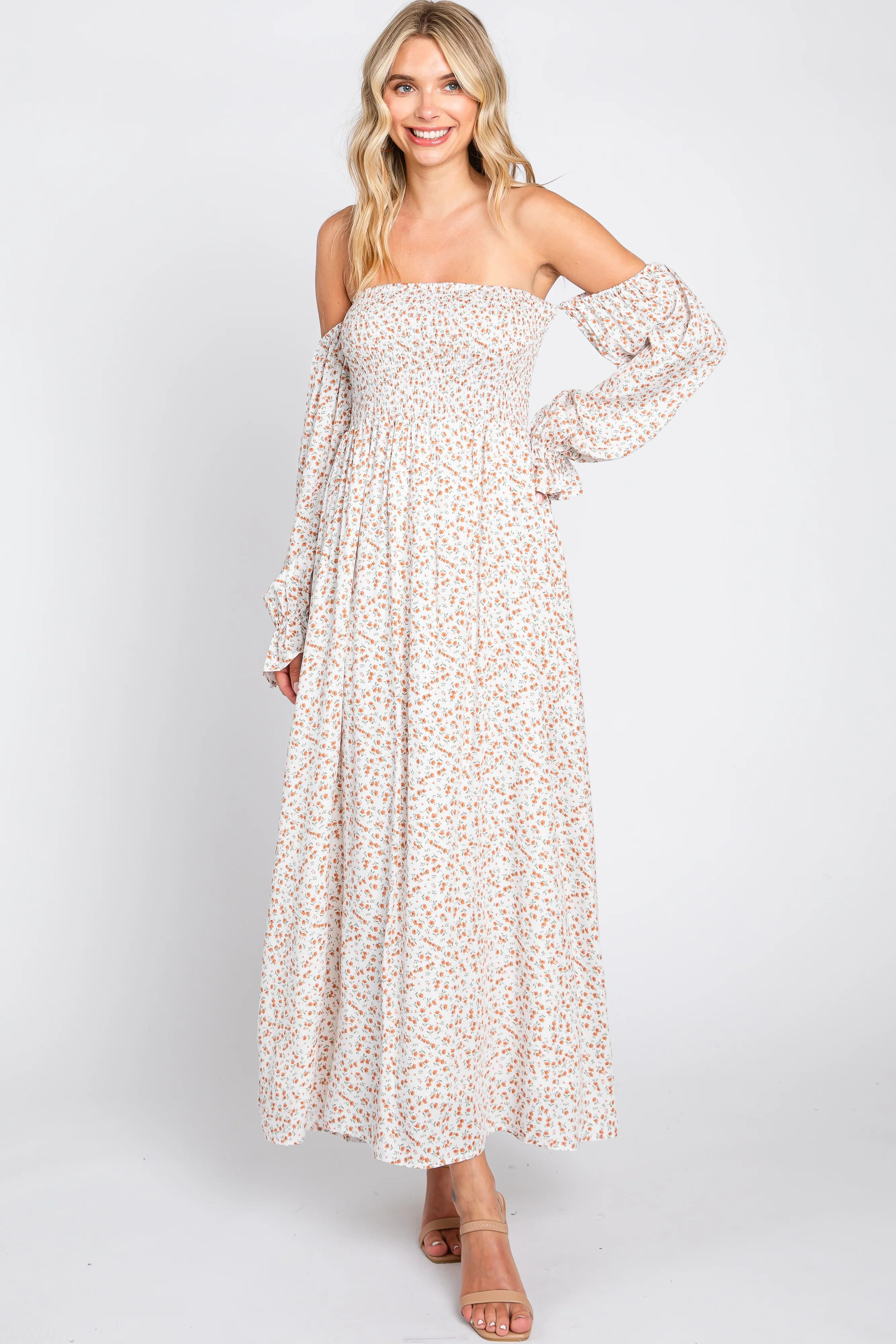Cream Floral Square Neck Smocked Long Sleeve Maternity Maxi Dress - Image 7