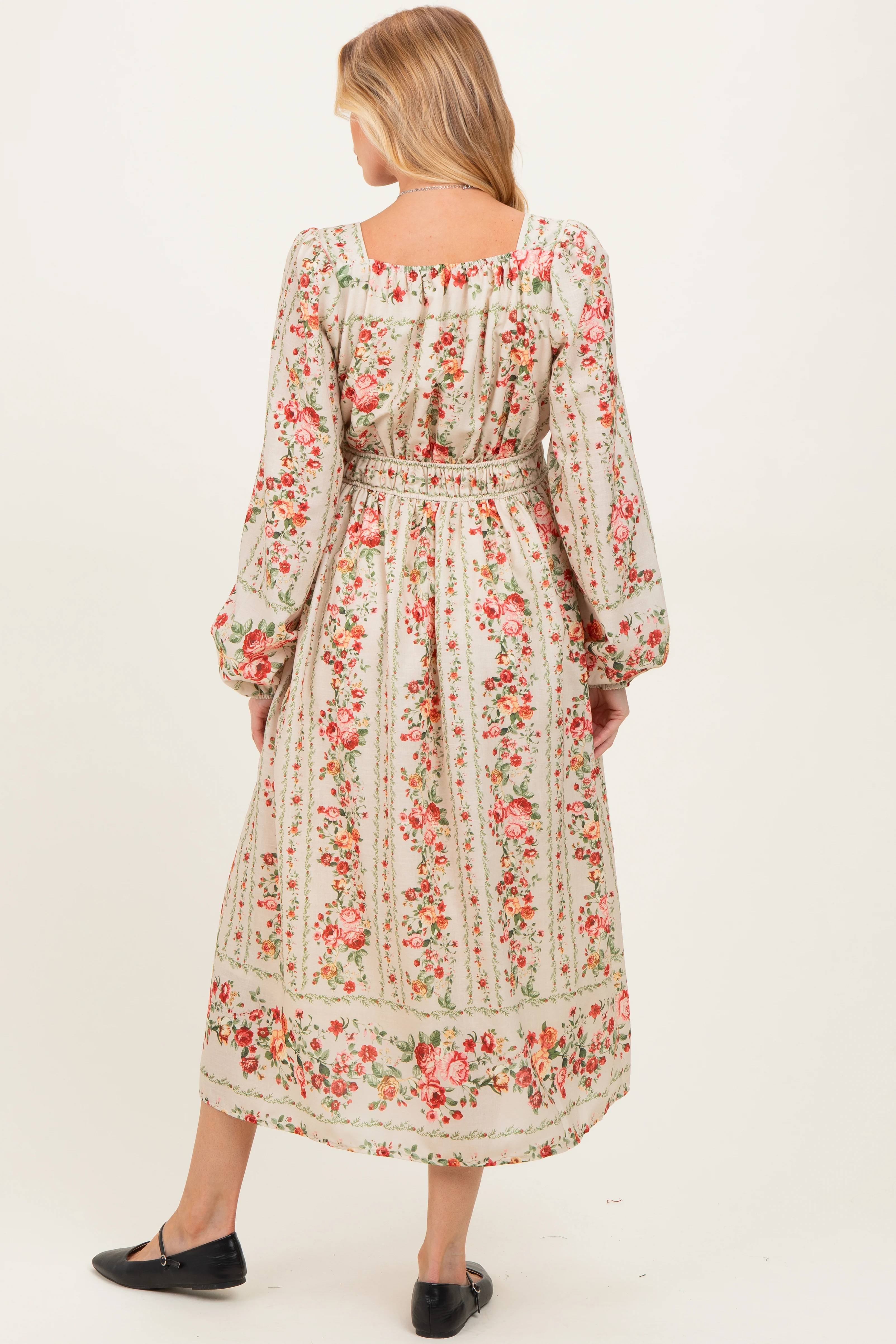 Cream Floral Stripe Button Down Long Sleeve Maternity Midi Dress - Image 3